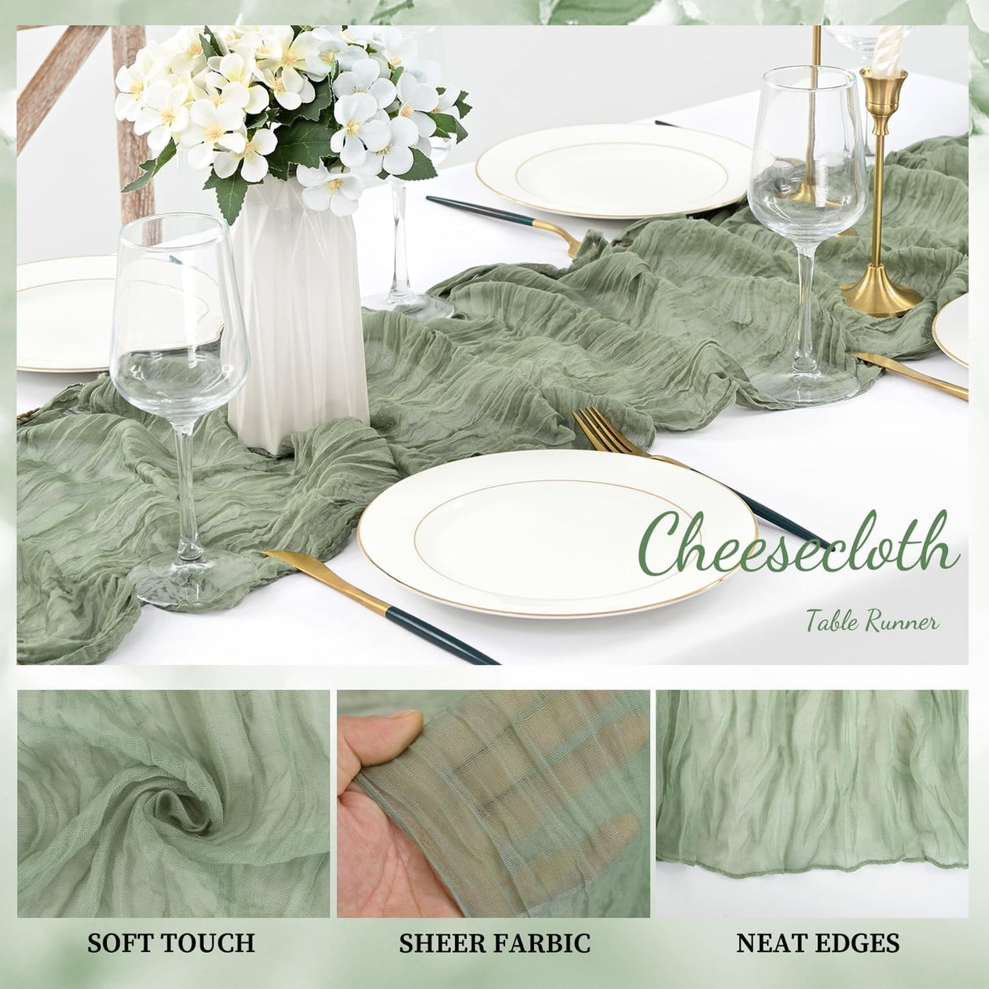 12 Pack Sage Green Cheesecloth Table Runner 10FT Rustic Gauze Fabric Cheese Cloth Table Runner for Wedding Bridal Baby Shower Table Decor 20 x 120 Inch Long Boho Sheer Birthday Party Table Decorations