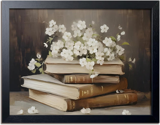 Wood Framed Canvas Poster Print Wall Art, Vintage Floral Book Wall Decor Oil Painting, Dark Academia Room Aesthetics Picture for Bathroom Classroom Dormitory room Decor 8x10 inch