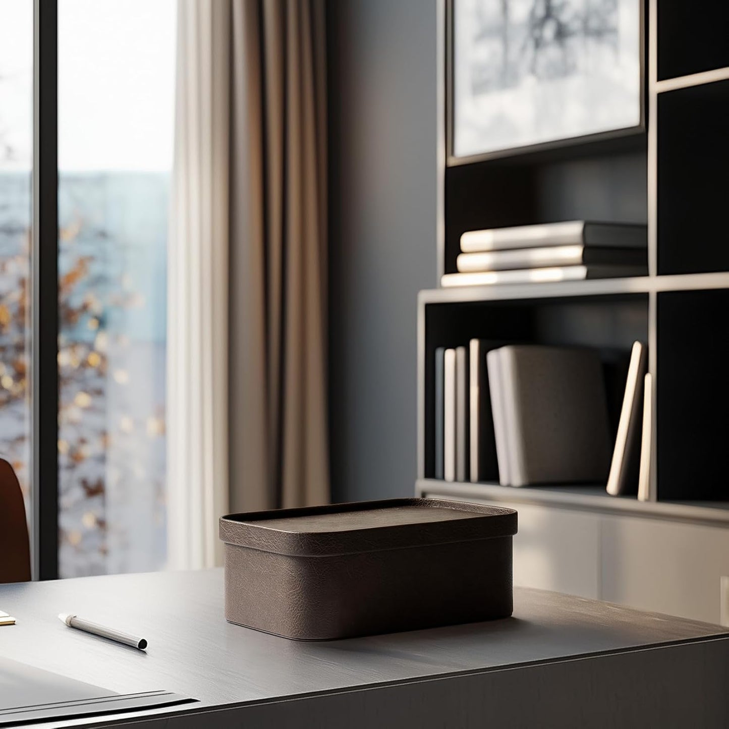 La Jolie Maison Vegan Leather Storage Boxes with Lids, Set of 3 Decorative Storage Containers Organize Stackable Storage Box, Mocha