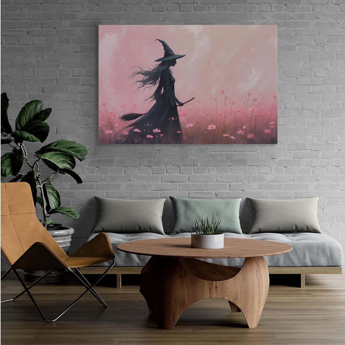 JFHCQJPK Witch in the pink sea of flowers Halloween prints weird flowers wall art silhouette painting fashionable romantic decoration suitable for bedroom16x24in Frameless