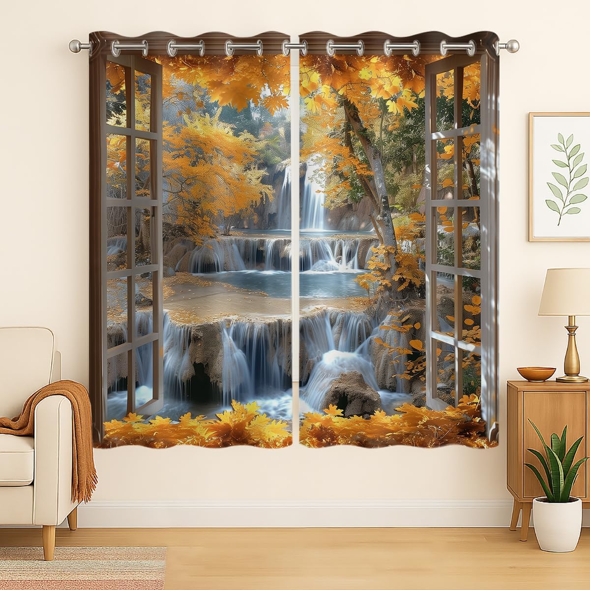 Landscape Blackout Curtains for Girls Boys Teens Home Decor, Nature 3D Autumn Fall Forest Maples Grommet Thermal Insulated Drapes Darkening Window Curtain for Bedroom Living Room, 63 x 63 Inch