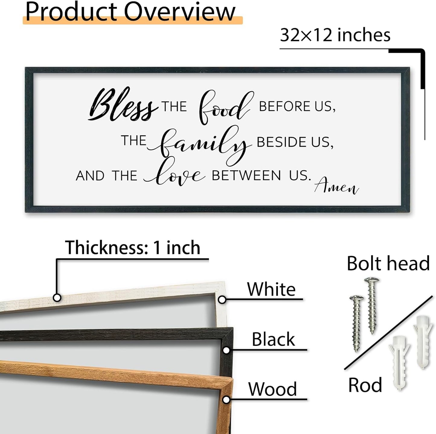 SRSZHIYUE Bless the Food Before Us Wall Sign Decor 32"×12" Christian Bible Verse for Farmhouse Rustic Kitchen Dining Room Framed Wood Scripture Religious Jesus Prayer Wall Art (Black)