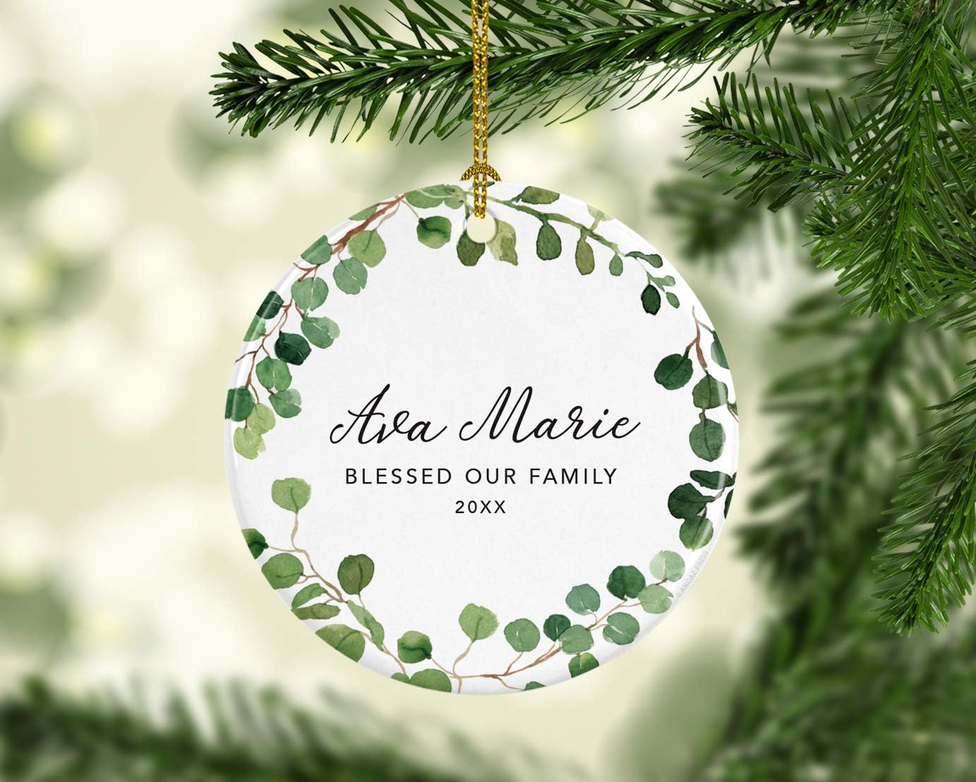 Andaz Press Personalized Round Ceramic Porcelain Christmas Ornament Keepsake Adoption New Baby Gift, A Blessing from God, Ava Marie Carter Adopted 2025, Farmhouse Eucalyptus Wreath, 1-Packs