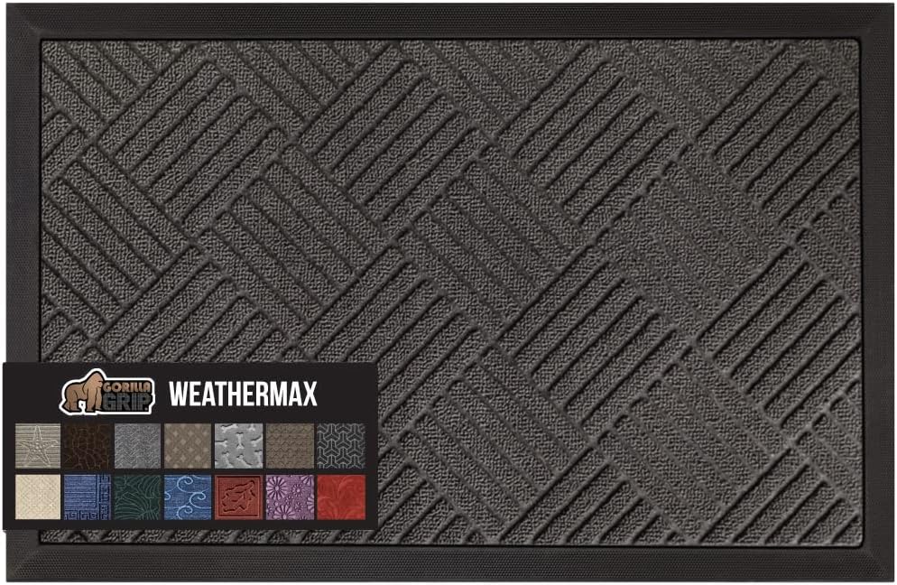 GORILLA GRIP 100% Waterproof All-Season WeatherMax Doormat, 60x24, US Designed Natural Rubber, Stain and Fade Resistant, Low Profile Indoor Outdoor Door Mats, Easy Clean Patio Mat, Gray Diamond