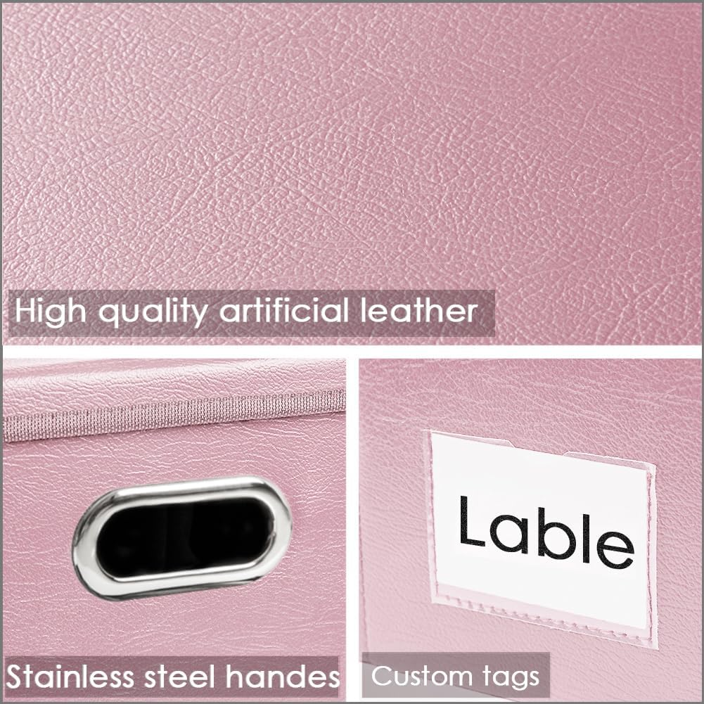 PRANDOM Collapsible Storage Box with Lid [1-Pack] Leather Fabric Foldable Storage Bin Organizer Container Basket Cube with Cover for Home Bedroom Closet Office Nursery Pink (22.8X15.7X11.8)