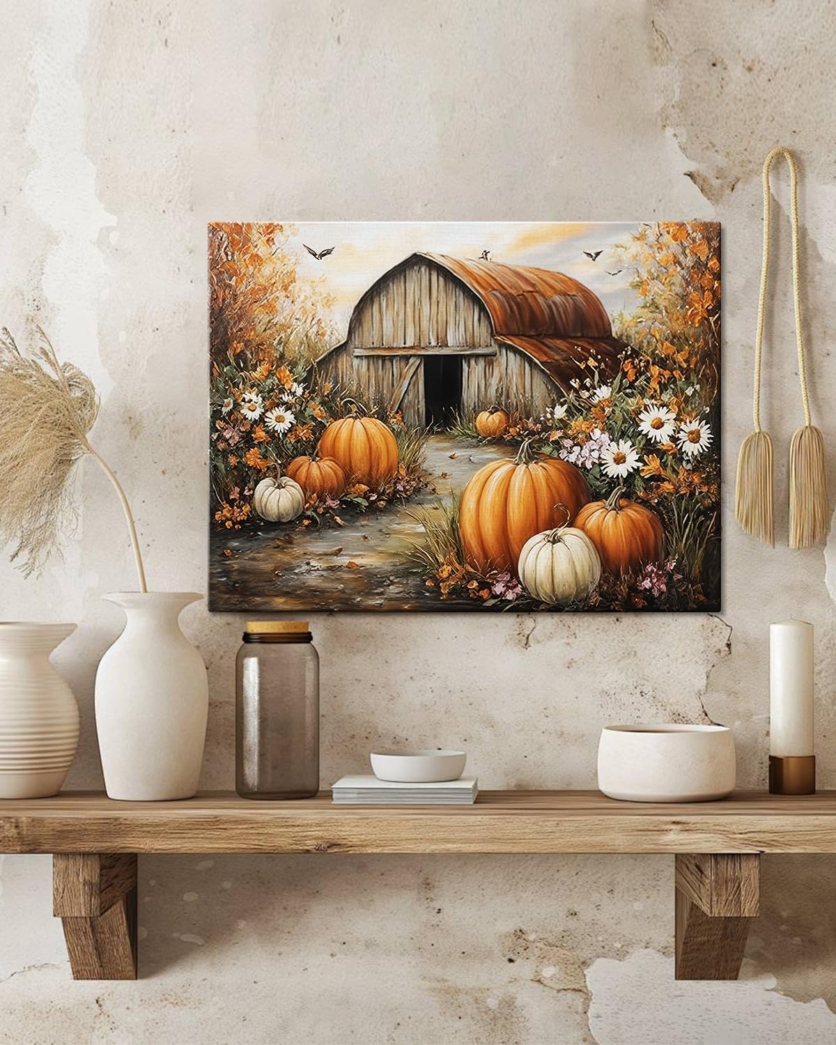 Autumn Pumpkin Barn Framed Wall Art Decor, Moody Fall Decor Rustic Country Landscape Picture Print for Farmhouse Decor,Thanksgiving Decorations Country Canvas Wall Art, Ready to Hang