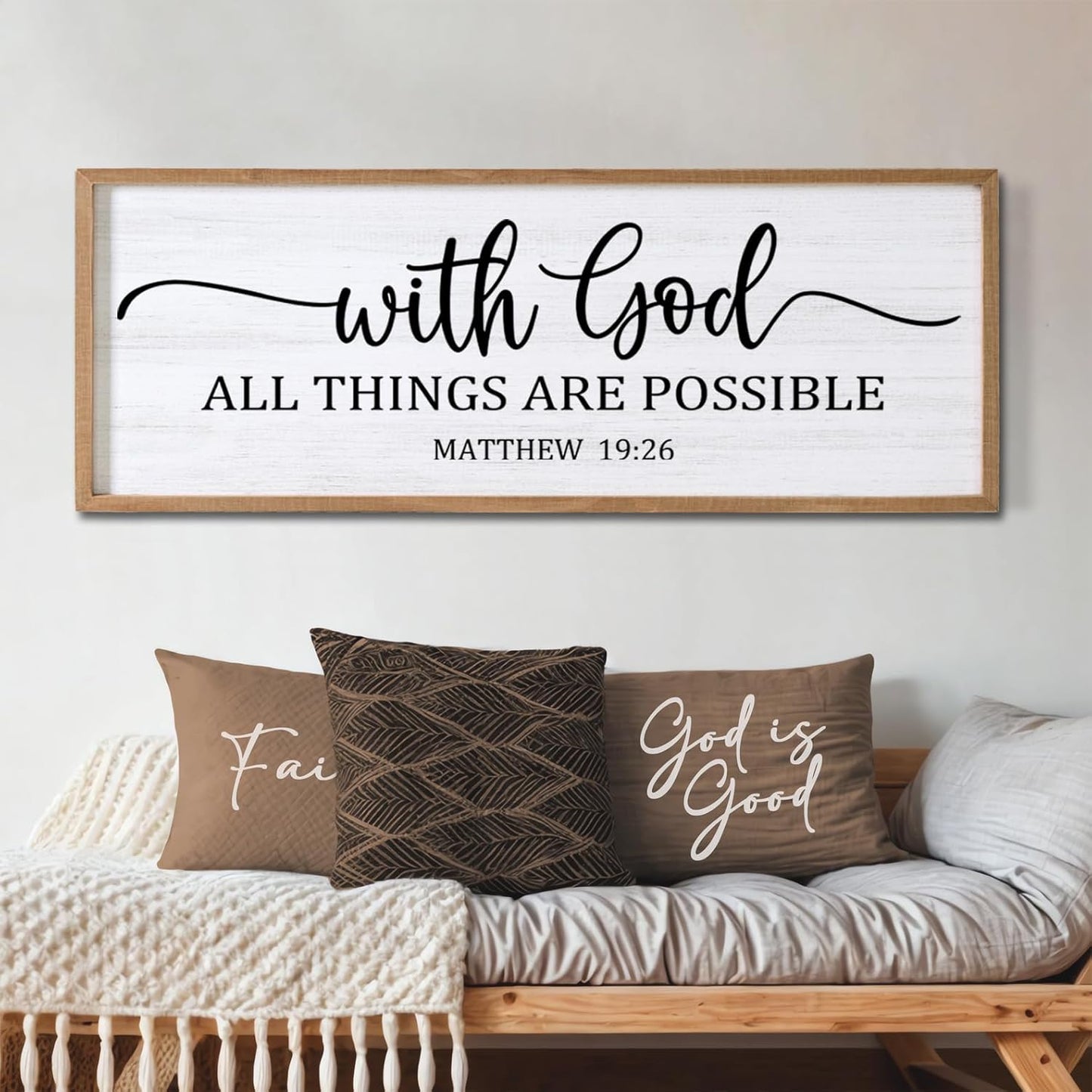 With God All Things are Possible Framed Wall Art, 40''×15'' Natural Religious Rustic Bible Verse for Christian God Jesus Christ Prayer, Holy Positive Horizontal Inspirational Catholic Scripture Decor