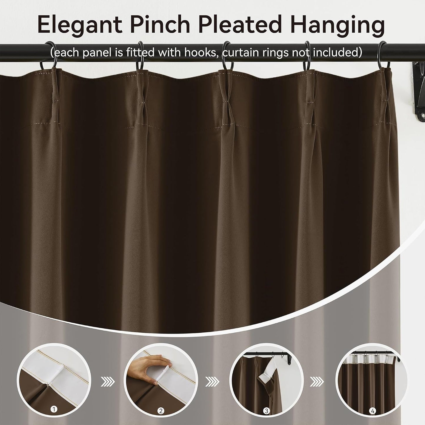 KangBang Brown Pinch Pleated Blackout Curtains 108 Inches Long for Hall Windows, Sound Dampening Light Blocking Soft & Vertical Window Panels Ceiling to Floor for Villa 2 Panels, 40Wx108L