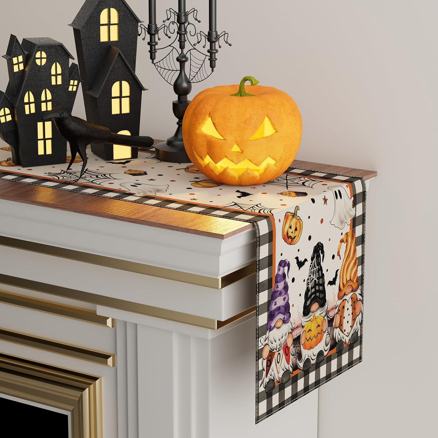 XCHI Spooky Boo Plaid Gnome Halloween Table Runner Party Table Decoration for Home Kitchen Dining Holiday Decor 13x72 Inch
