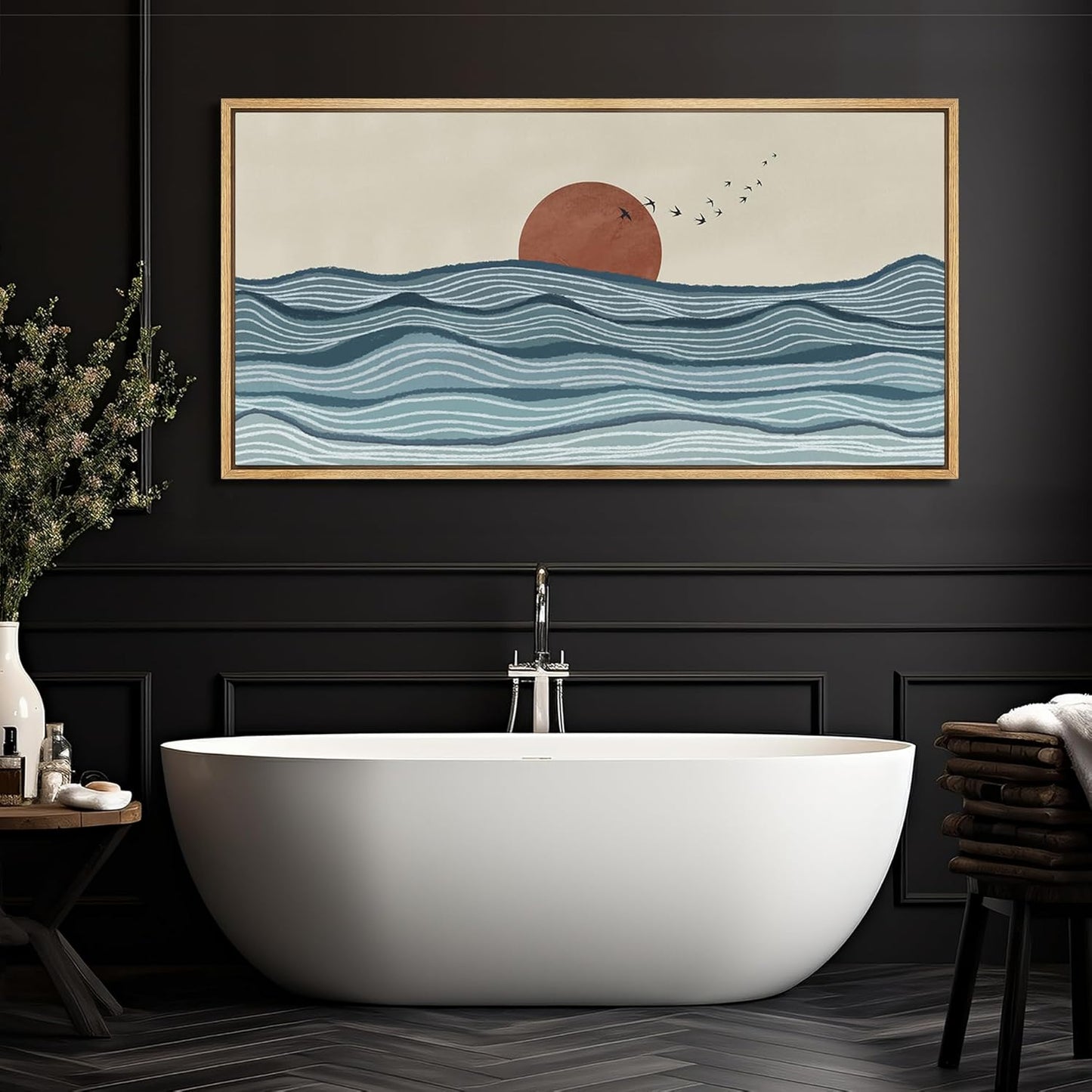 MUDECOR Extra Large Framed Canvas Print Wall Art Calm Seascape Ocean Waves and Setting Sun Illustrations Antique Retro Fine Art Illustrations Decorative Colorful for Bedroom - 60"x30"