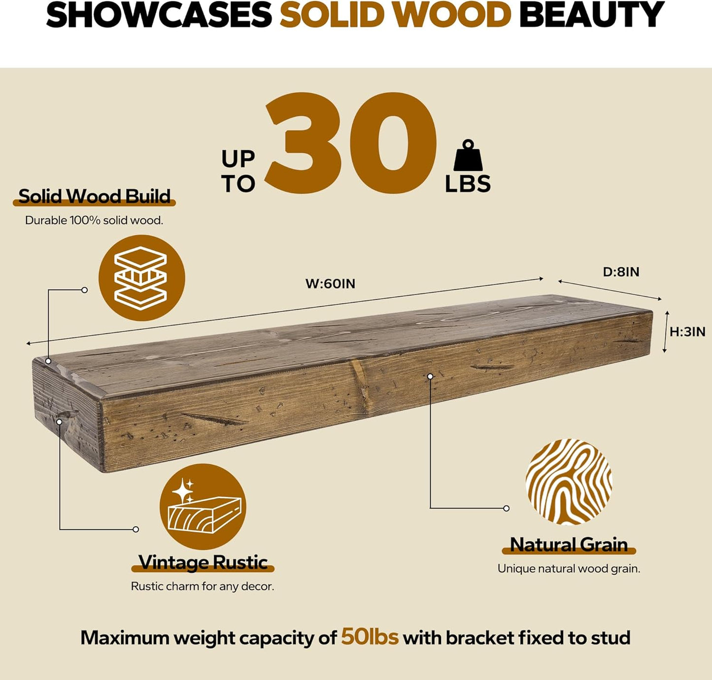 Floating Shelves 3 inch Thick for Wall Set of 2,Solid Pine Wood Wall Mount Shelf for Kitchen Living Room Bedroom Bathroom,8" D x 60" L x 3" H-Distressed Black Walnut