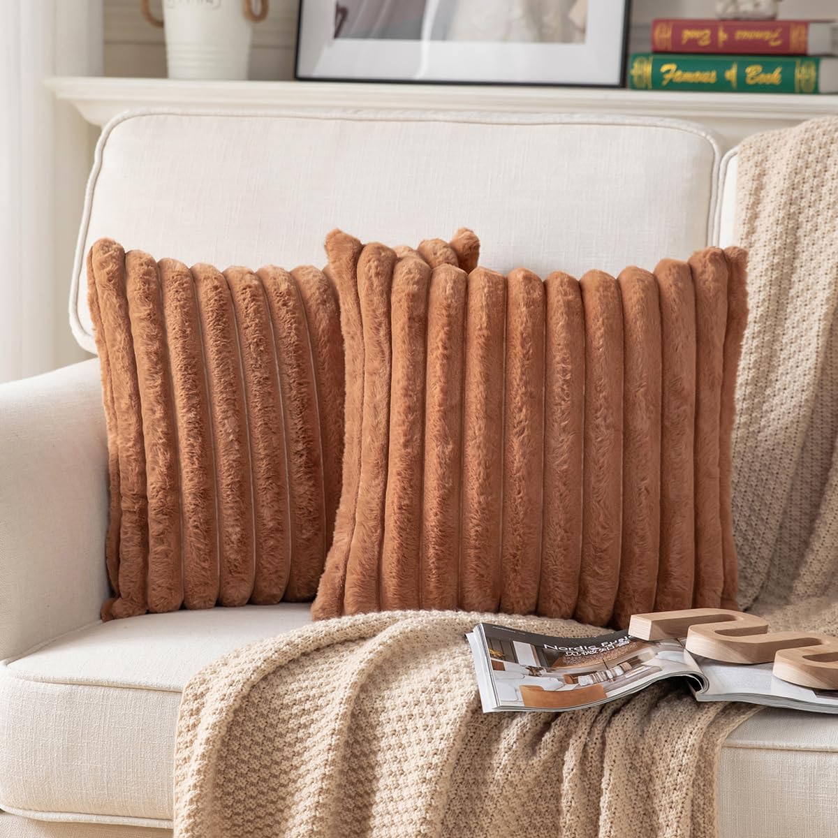DEELAND Pack of 2,Double-Sided Faux Fur Plush Decorative Throw Pillow Covers Fuzzy Striped Soft Pillowcase Cushion Covers for Sofa Couch Bedroom Brown 16x16 inch