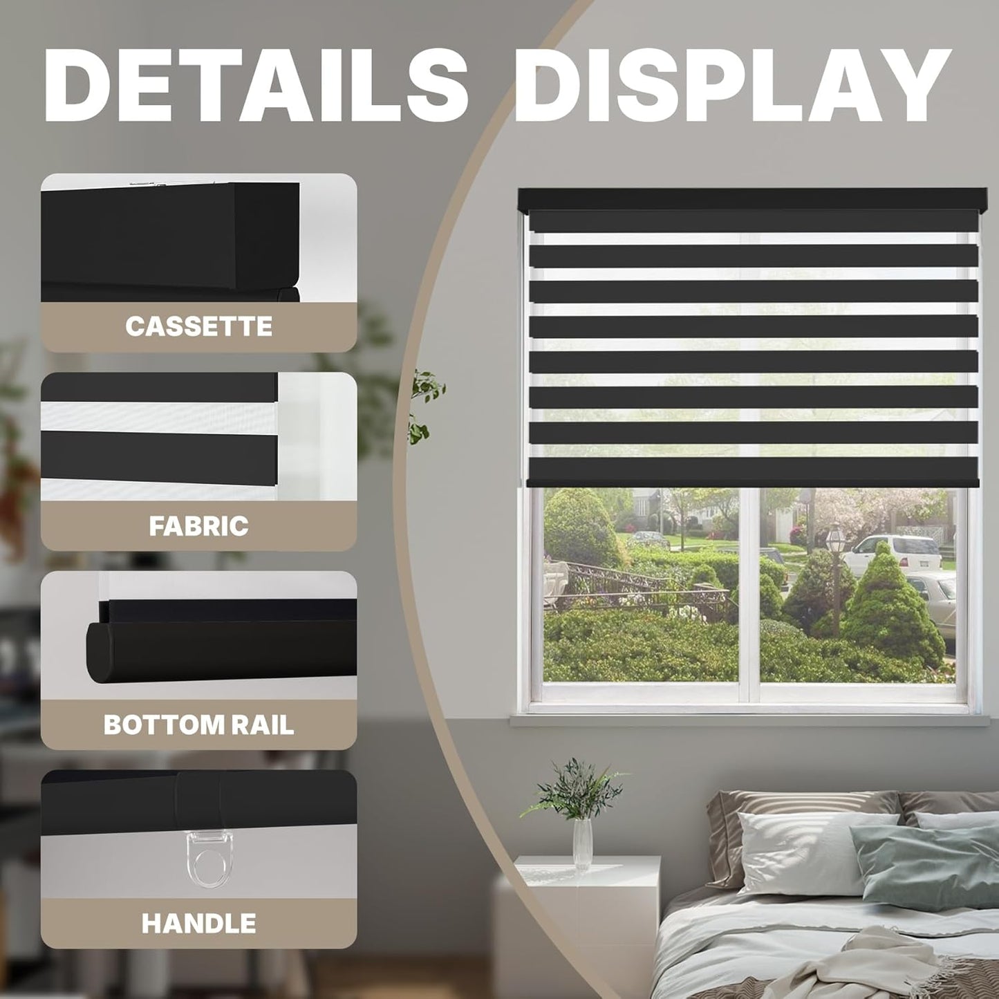 HESTIA Cordless Zebra Blinds Light Filtering Roller Shades UV Blocking Blackout Privacy Indoor Window Shades for Home Office Day and Night, Black,44" W x 60" H
