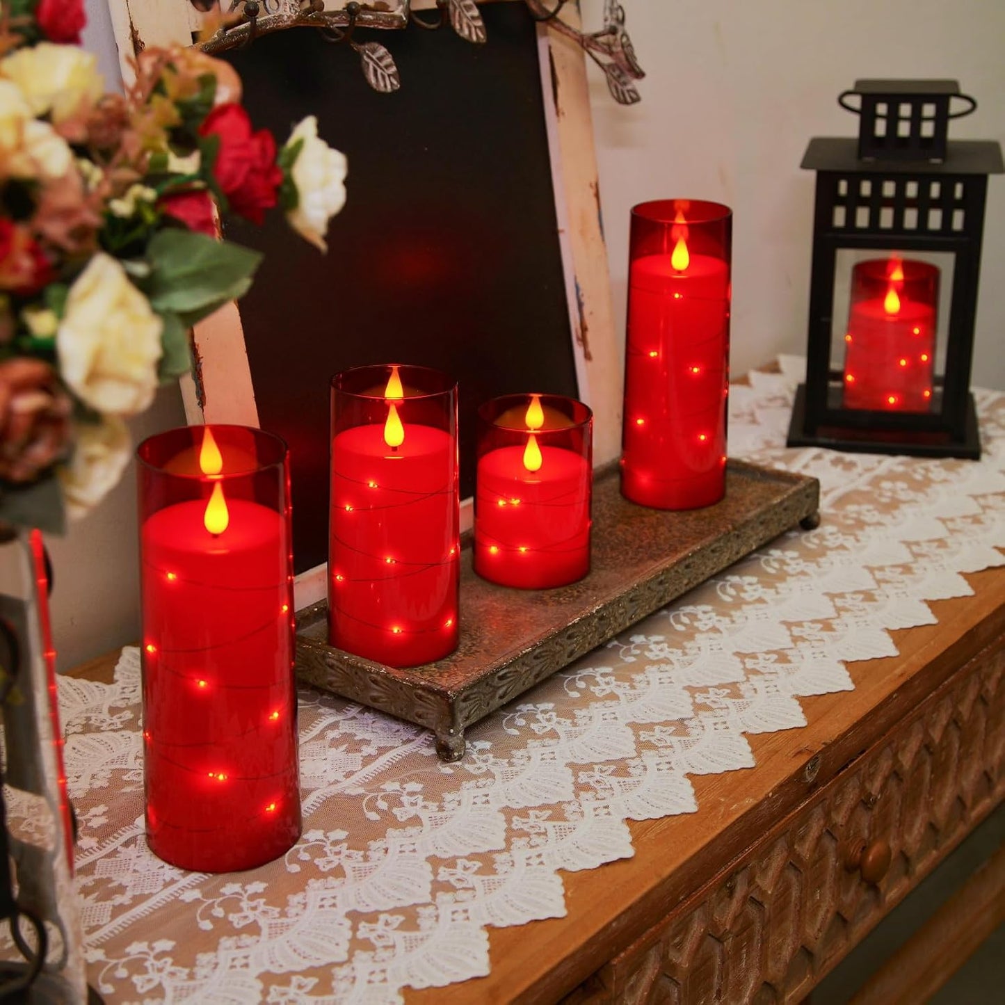 Homemory Acrylic Flameless Candles with Embedded Star String Fairy Lights, Battery Operated Candle, LED Candles, Fake Candles with Remote Control and Timer, Red, Set of 5(H4 5" 6" 8" 8")
