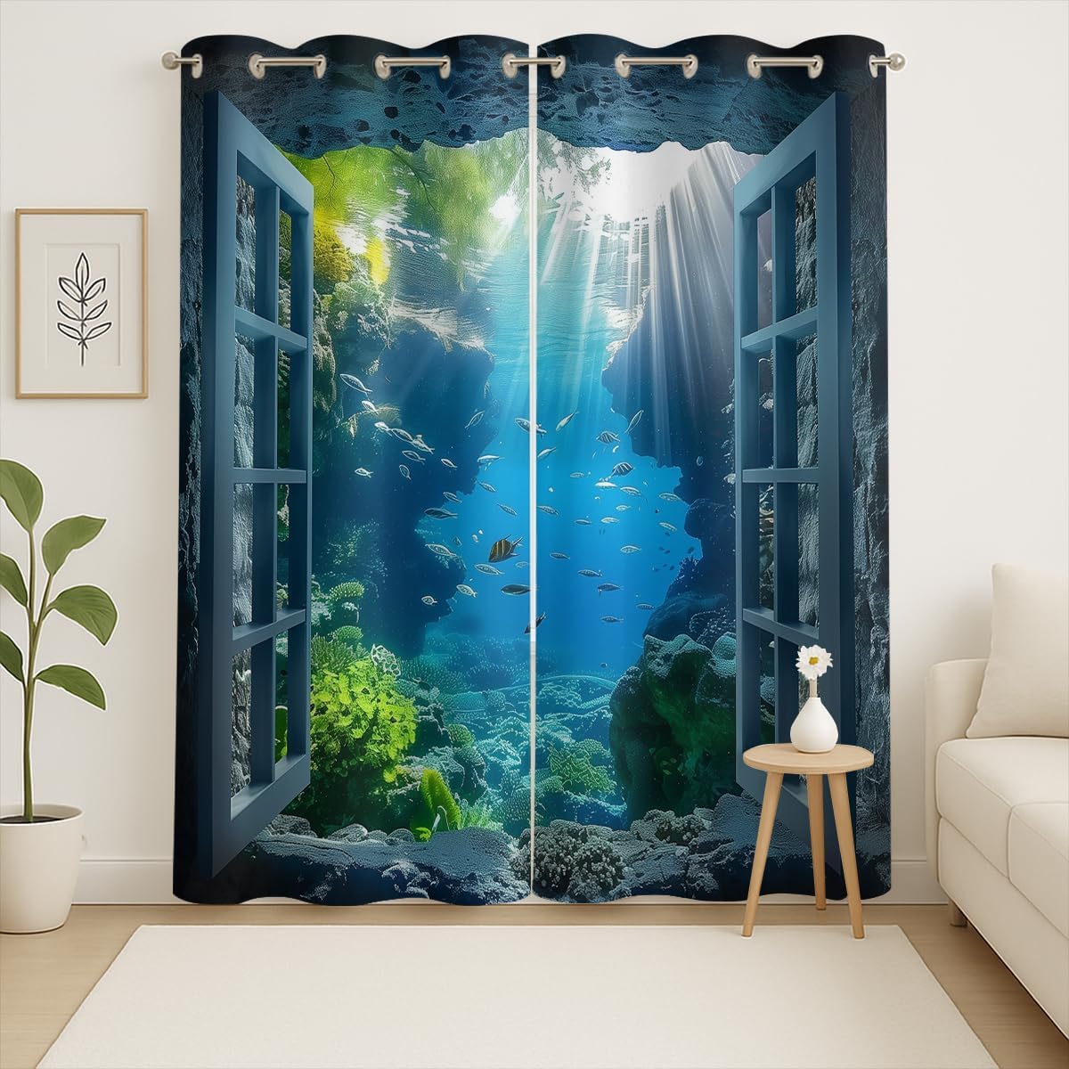 Ocean Fishs Blackout Curtains for Girls Boys Home Decor, Underwater Tropical Fish Undersea Coral Grommet Thermal Insulated Drapes Darkening Window Curtain for Bedroom Living Room, 55 x 63 Inch