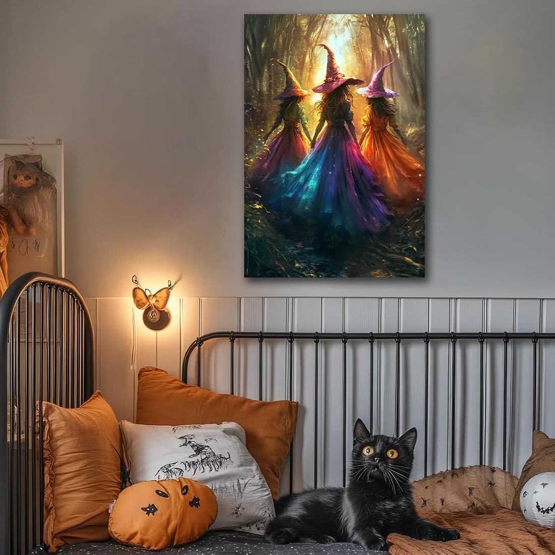 Halloween Room Decor Wall Art Colorful Witch Prints,Vintage Three Colorful Witches in Forest Halloween Posters,Fall Fantasy Aesthetic Pictures Playful Art Wall Decor for Bedroom,20"x30" Unframed