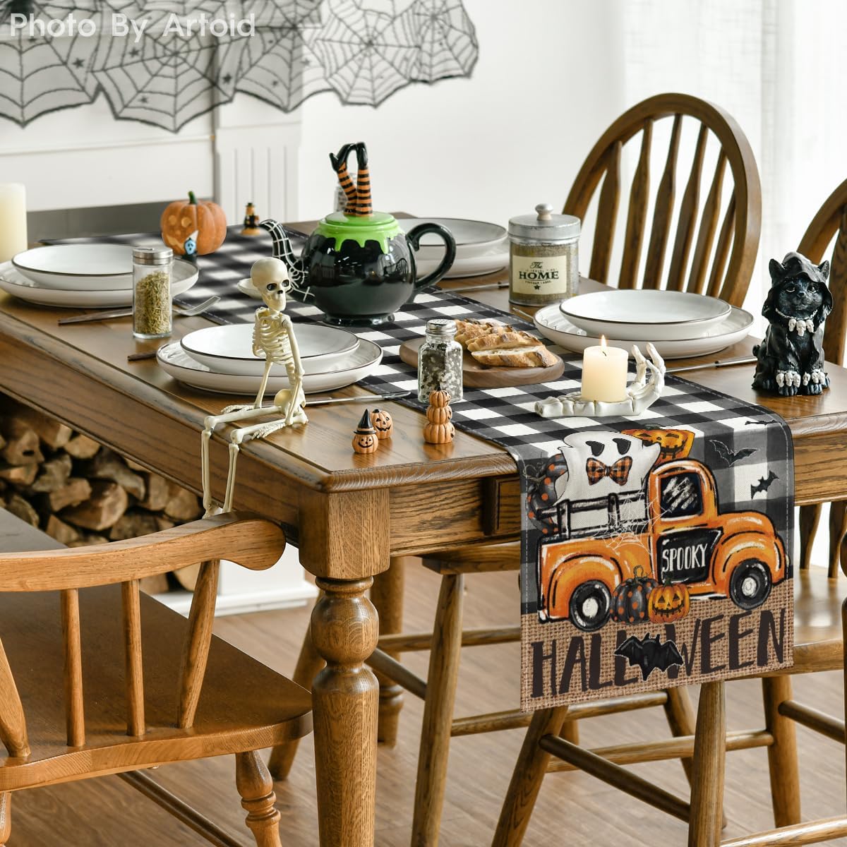Artoid Mode Buffalo Plaid Bat Pumpkin Ghost Truck Spooky Halloween Table Runner, Sensonal Kitchen Dining Table Decoration for Home Party Decor 13x120 Inch