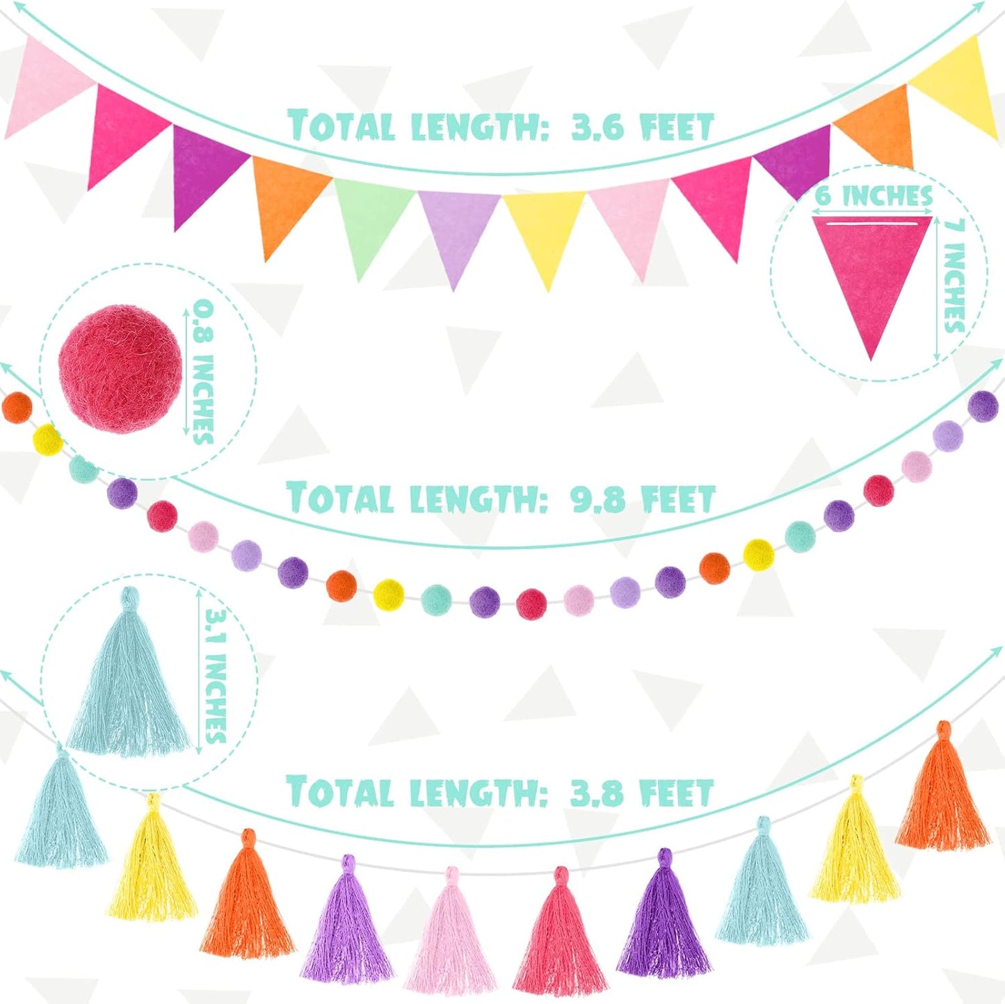 Irenare 9.8 ft Pom Pom Garland Felt Colorful Tassel Banner Christmas Party Pompoms Garland Decorations Felt Pennant Banner for Classroom Home Mantel Fireplace Birthday(Candy Color)