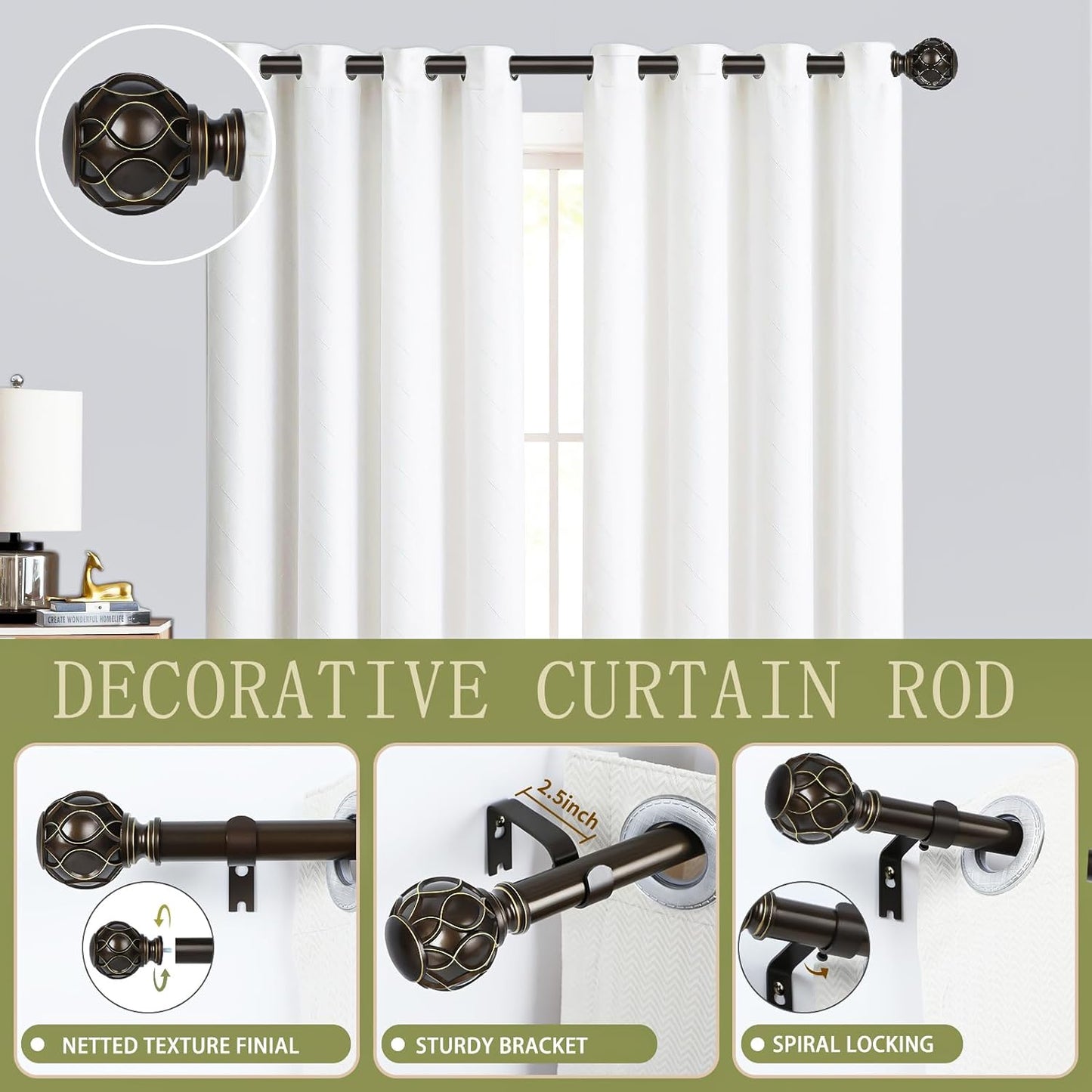 Bronze Farmhouse Curtain Rods for Windows:66-120 Inch Heavy Duty Adjustable Curtain Rod for Bedroom Living Room,Boho Decorative Rustic Drapery Rods with Vintage Coastal Finial,Antique Bronze