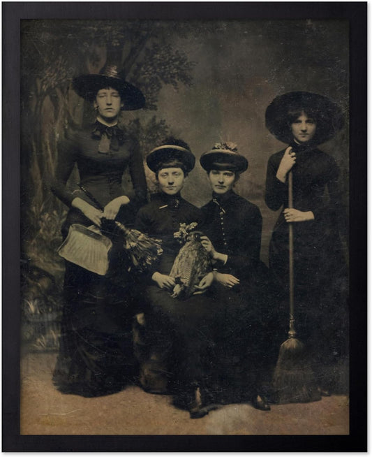Poster Master Vintage Photograph Poster - Retro Halloween Print - Gift for Artist, Friend - Four Witches Wearing Robes, Sabbath, Coven, Sorcery - Wall Decor for Home, Office, 8x10 Black Framed