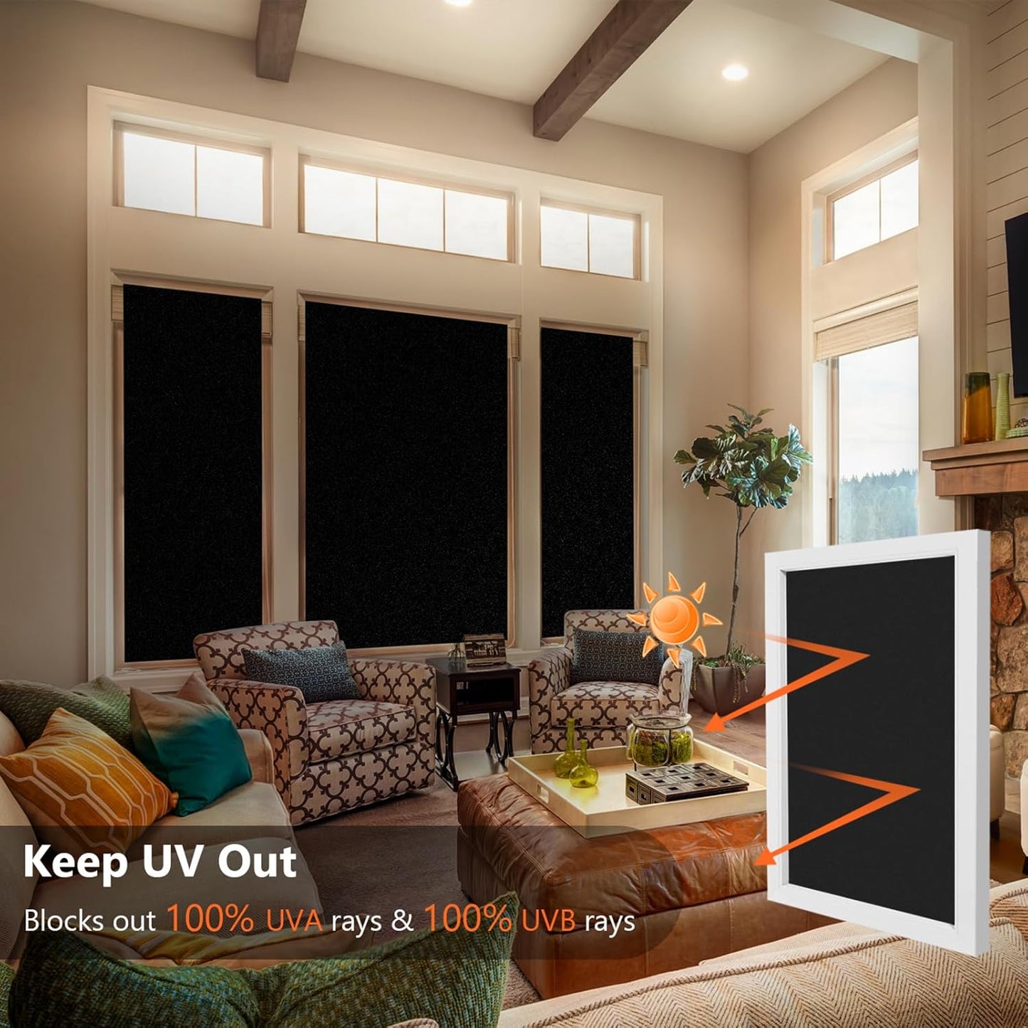 Kromapolis Blackout Window Privacy Film Total Light Blocking Room Darkening Window Covering, Removable Static Cling Frosted Glass Tint, Non-Adhesive, Black 29.5'' x 118.1''