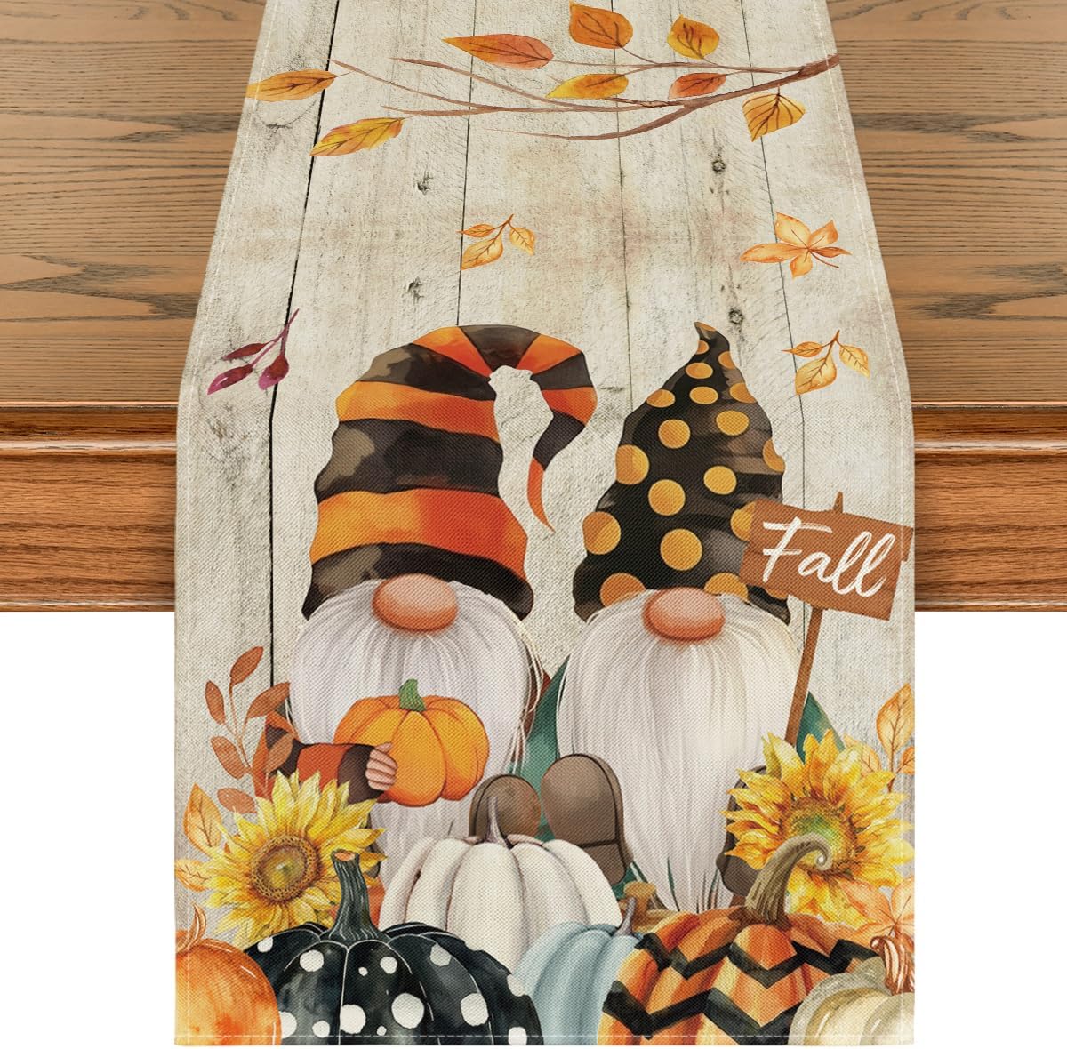 Artoid Mode Wood Gnomes Pumpkins Sunflower Maple Leaves Fall Table Runner, Kitchen Dining Table Decoration for Home Party Decor 13 x 60 Inch