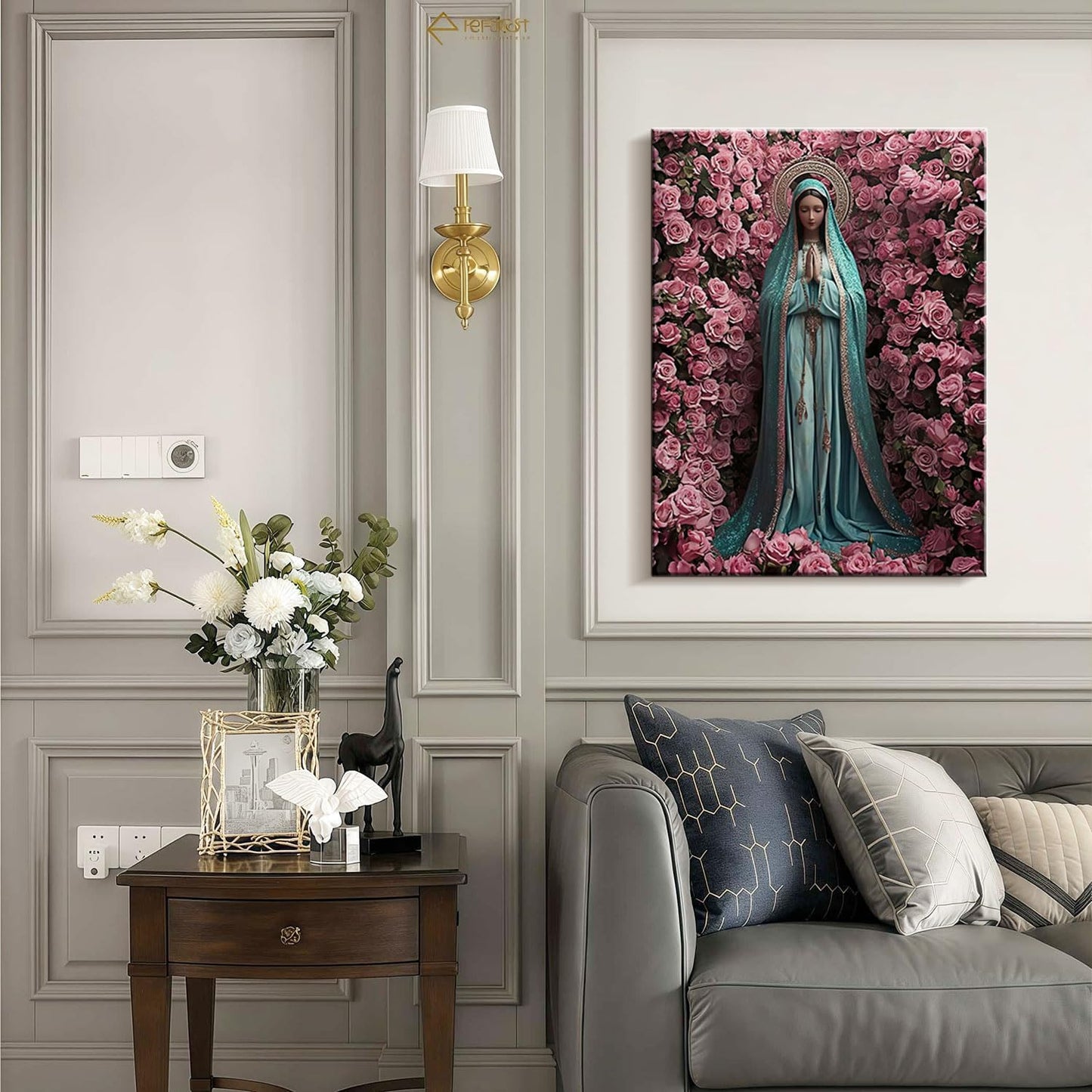 Framed Virgin Mary Catholic Wall Art Decor Canvas Print Wall Painting Religious Poster Artwork for Living Room Bedroom Hallway Gallery Decor 16x24 Inch Ready to Hang