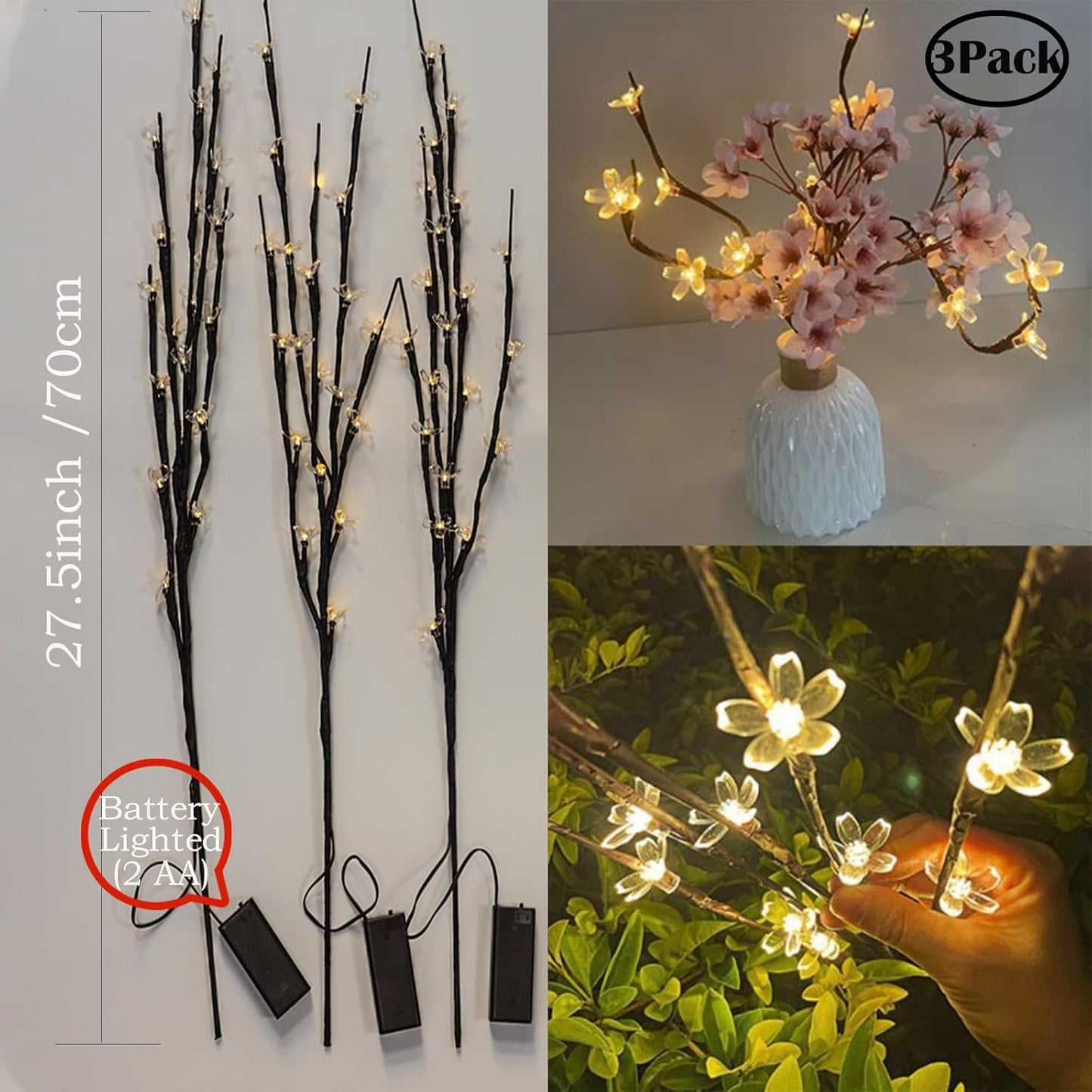 3Pack Battery Lighted Cherry Blossom Branches Lights with Clear Plastic Bag for Hanging Decor, 27.5inch 60 LED Flower Lamp Twig Sticks for Vase Filler of Home Christmas Valentines Day Decoration