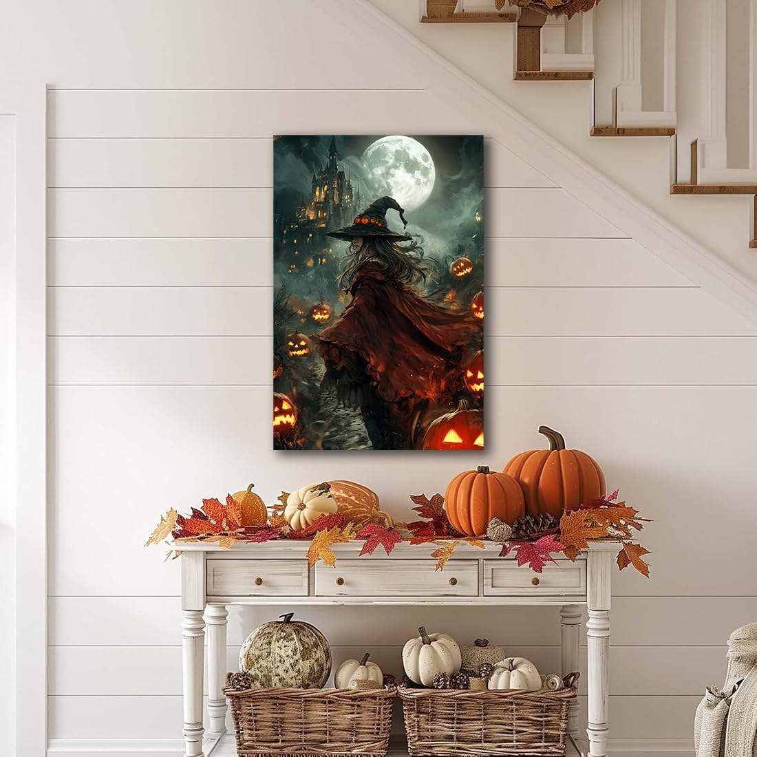 Dark and Moody Gothic Witch Poster Wall Art,Vintage Rustic Witch in Cloak with Castle Pumpkin Road Dark Gothic Poster,Goth Spooky Season Halloween Prints for Fantasy Office,24"x36" Framed