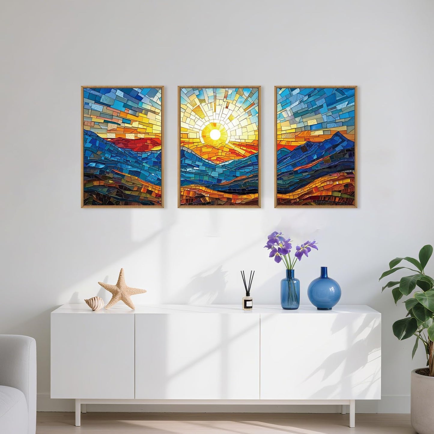 Mountains Framed Canvas Wall Art Set, Modern Abstract Art Painting, Irregular Square Ridge Wall Decor, Sunrise Art Print for Living Room, Bathroom, Bedroom, Office - 16"x24"x3