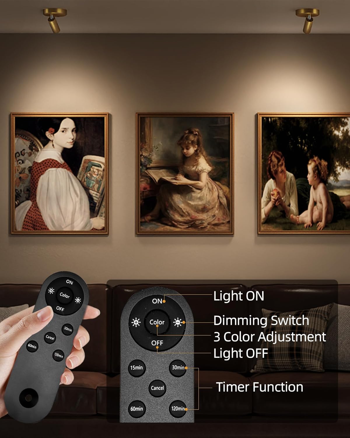 EZVALO LED Spotlight Indoor, 5500mAh Rechargeable Battery Uplighting Indoor, Wireless Mini Art Accent Spot Lights with Remote, for Plants Display Painting Dartboard Artwork Portrait Closet(2Pack-Gold)