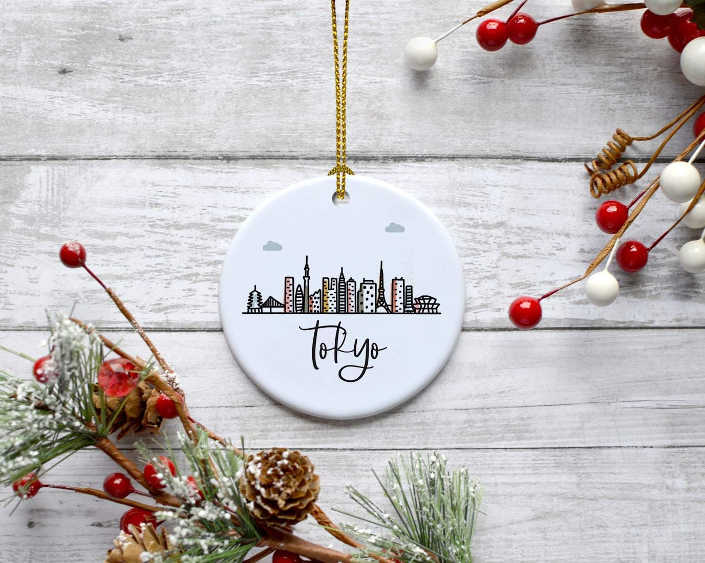 Andaz Press Round Ceramic Porcelain Christmas Tree Ornament Keepsake Gift, Tokyo, Colorful International City Skyline Graphic, 1-Pack, Birthday Ideas Family Coworker Him Her, Gift Box