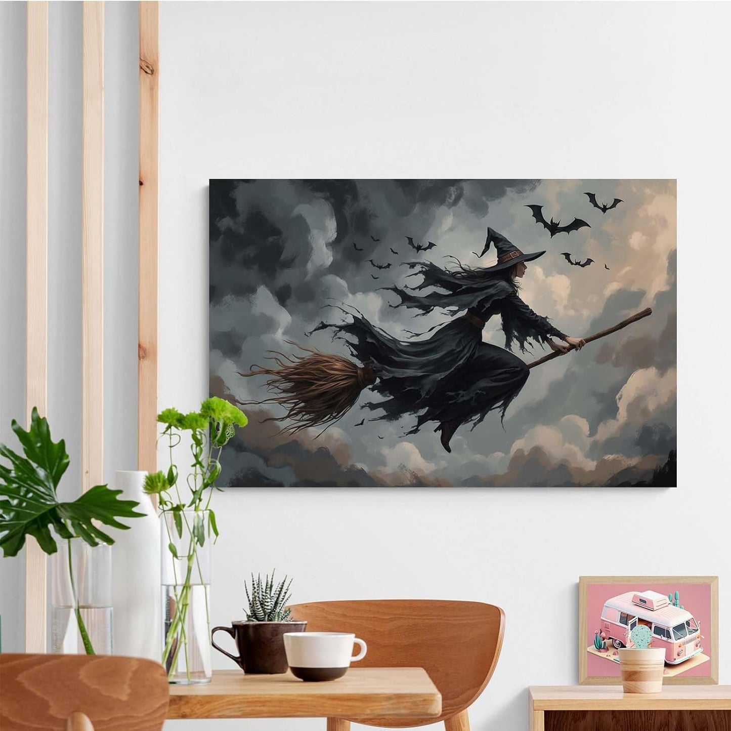 Witch and bat flying Halloween poster suitable for home party wall decoration retro Halloween preppy style wall art canvas print suitable for room decoration12x16in Wood Framed