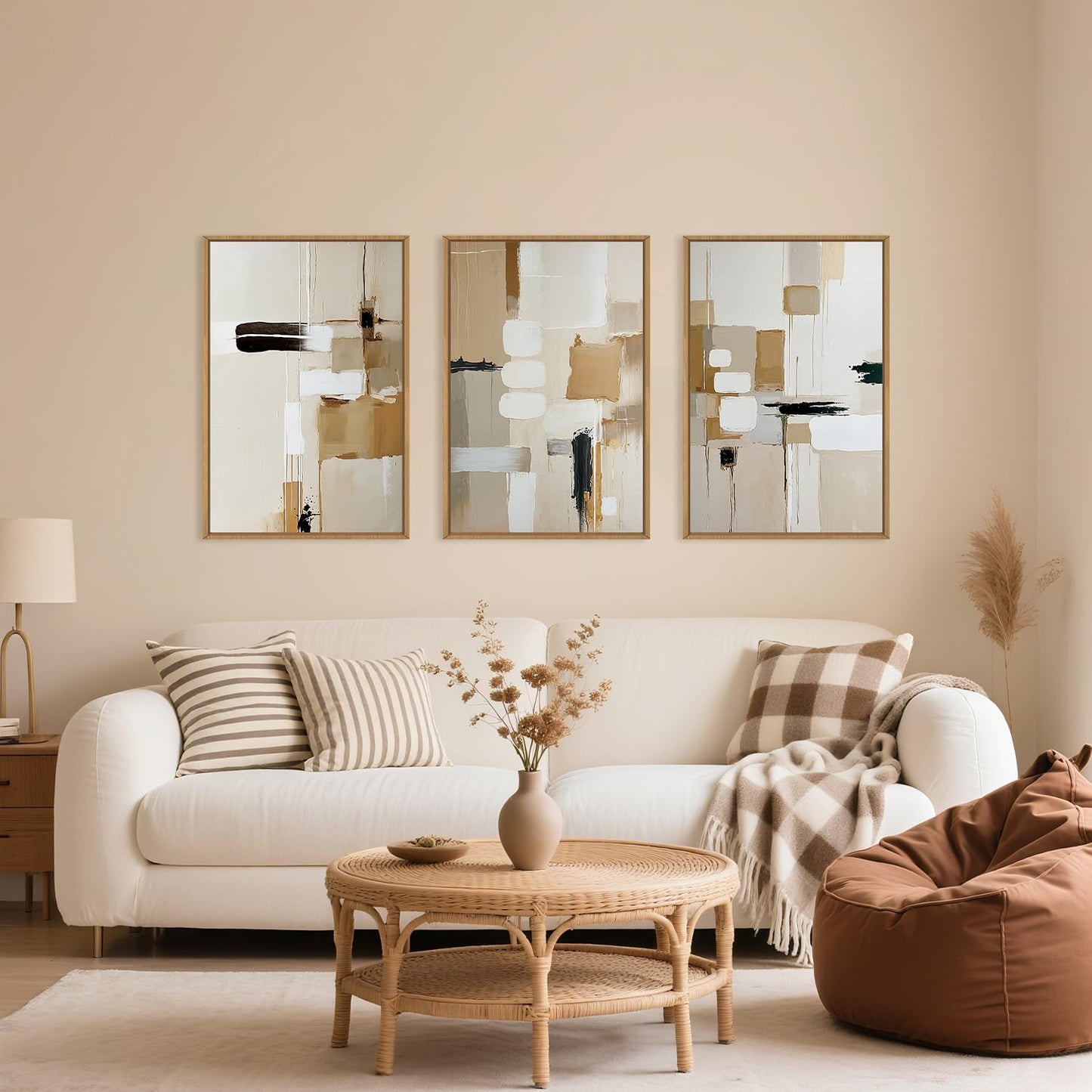 Celestdeco Large Abstract Beige Framed Canvas Wall Art Set, Neutral Textures Wall Decor, Warm Minimalist Shapes Wall Painting, Modern Neutral Art Prints for Living Room, Bedroom, Office - 24"X36"X3