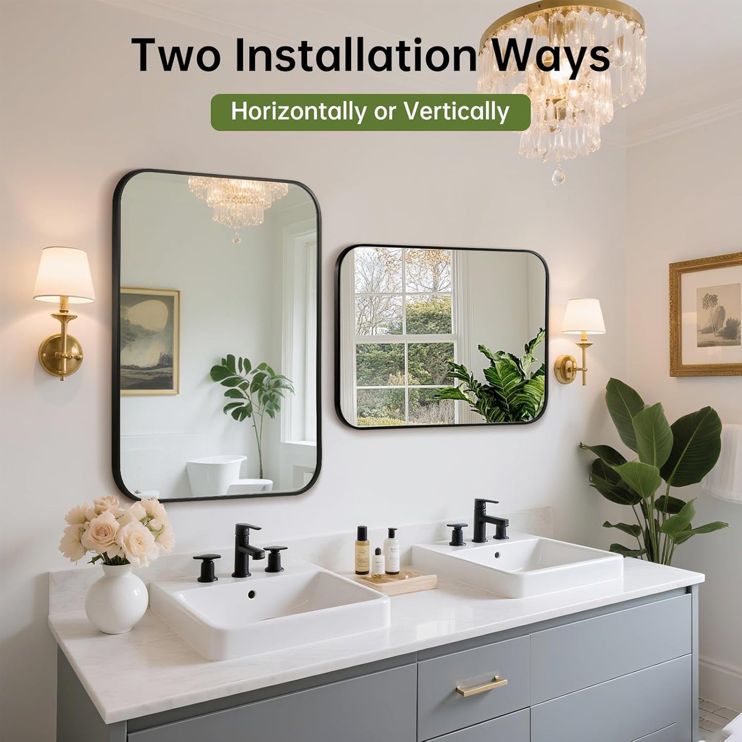 FARMER 24x32 Inch Black Bathroom Mirror, Rectangle Vanity Mirror, Brushed Mirrors for Wall, Metal Frame Hanging Mirror with Round Corner for Bedrooms, Entryways, Living Rooms, Horizontal/Vertical