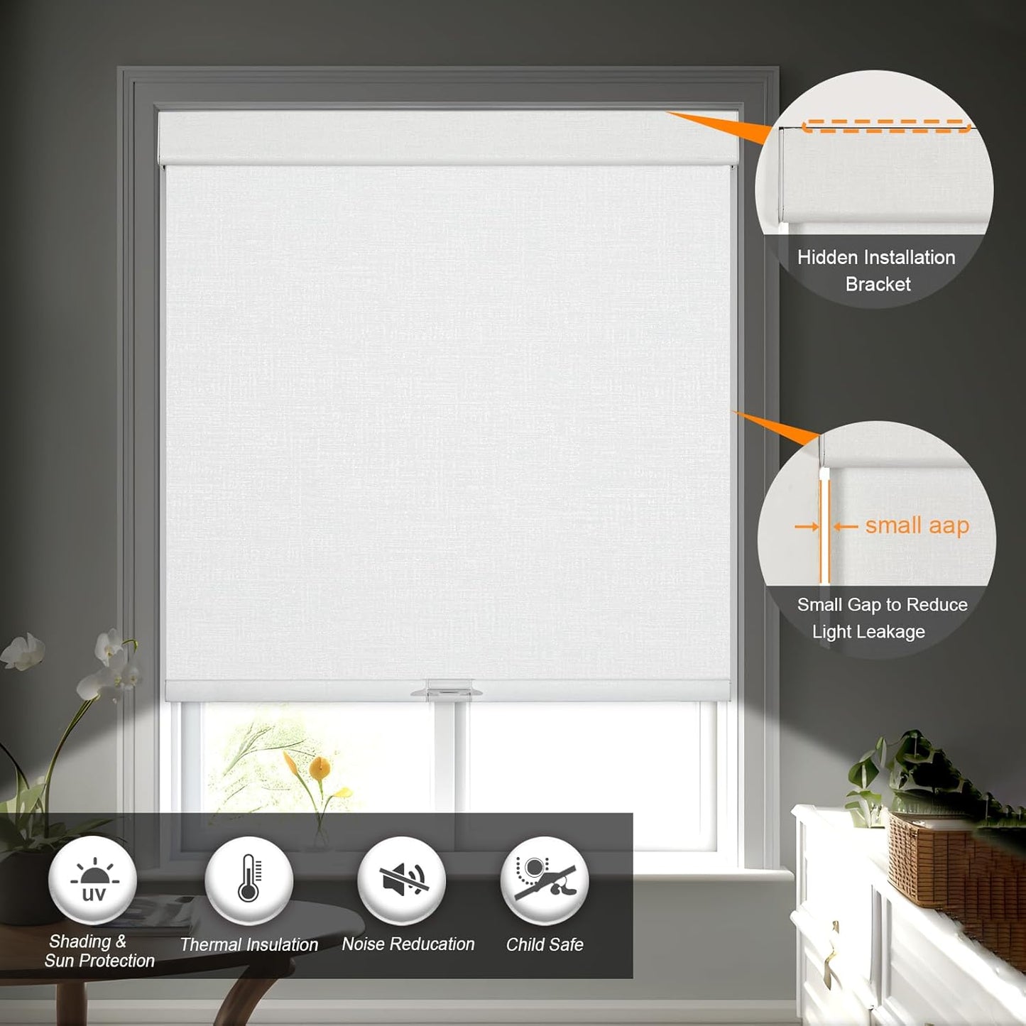 Persilux Blackout Roller Shades & Blinds Windows Shades Free-Stop Blackout Blinds with Jacquard Fabric,Cordless Blinds Pull Down Shades for Home, Easy to Install for Door/Office, White(51" W x 84" H)