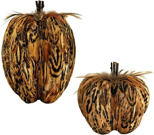 naturevibe 7.5/5.5 Inches Elegant Feathered Pumpkin Decor,Set of 2 Thanksgiving Decorations Natural Feather Pumpkins as Fall Home Decor,Centerpieces for Tables or Autumn Harvest Gifts