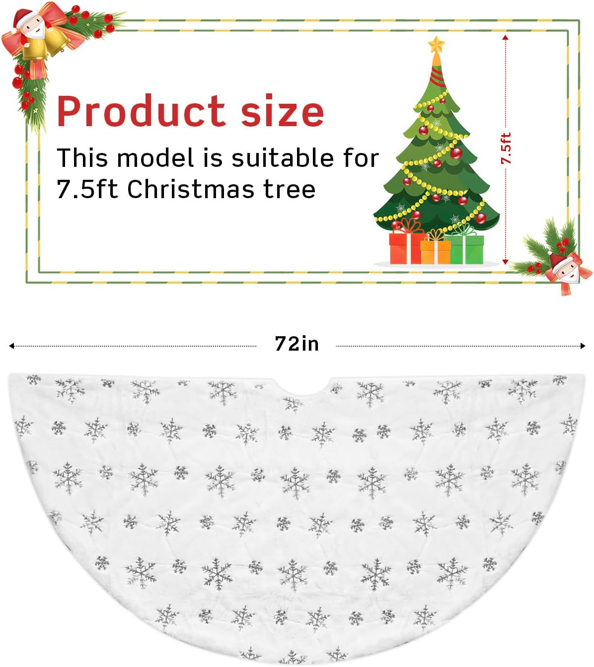 COOLWUFAN 72 Inches Christmas Tree Skirt for Xmas Tree Holiday Party Decorations White Plush Silver Sequin Snowflake (Silver)
