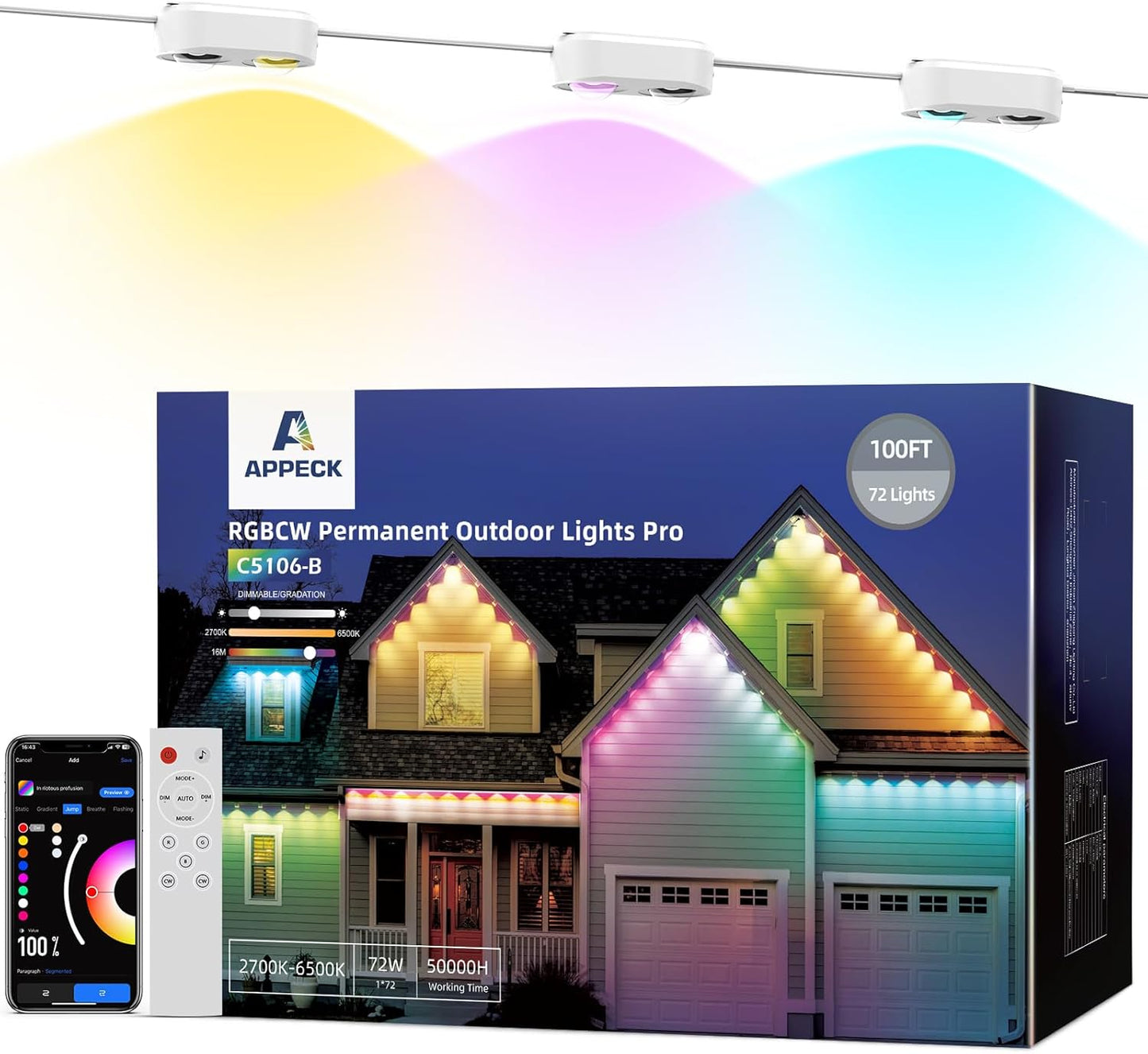 Permanent Outdoor Lights Pro 100ft, RGBCW Smart Eaves Lights with 72 LED Lights, Dual Lens, Cuttable, 111 Scene Modes, IP67 Waterproof Lighting for Holiday Decoration, Work with Alexa, White