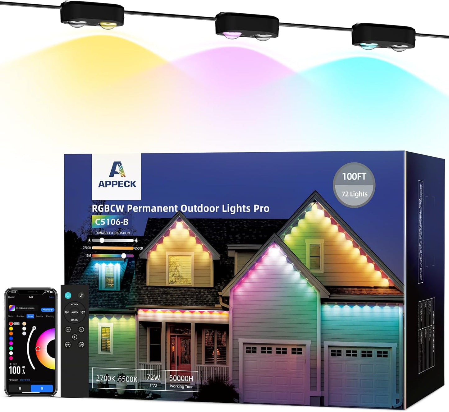 Permanent Outdoor Lights Pro 100ft, RGBCW Smart Eaves Lights with 72 LED Lights, Dual Lens, Cuttable, 111 Scene Modes, IP67 Waterproof Lighting for Holiday Decoration, Work with Alexa, Black