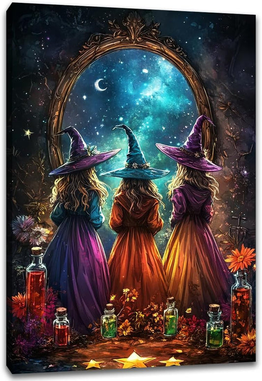 Witch Poster Halloween Fall Wall Art Decor,Three Witches with Magic Potion Mirror Colorful Vintage Print,Dark Academia Spooky Canvas Art Prints for Home Living Room,12"x18" Framed