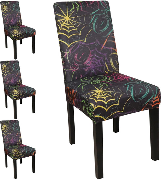 JQinHome Spider Halloween Chair Slipcover,Web Black Chair Covers Set of 4, High Stretch Washable Chair Protector Cover for Dining Room, Kitchen,Home Party,Wedding Ceremony(Spider,4PC)