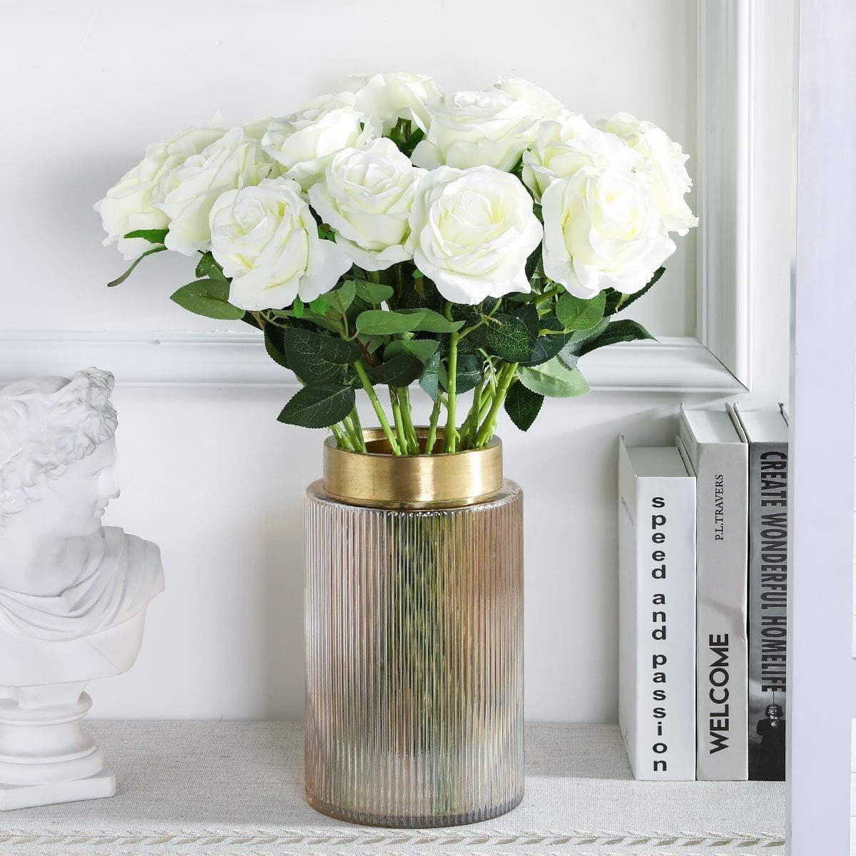 White Fake Roses Artificial Flowers - 10 Pcs Fake Artificial Roses Silk Flowers with Stems for Home Wedding Hotel Office Centerpiece Decor