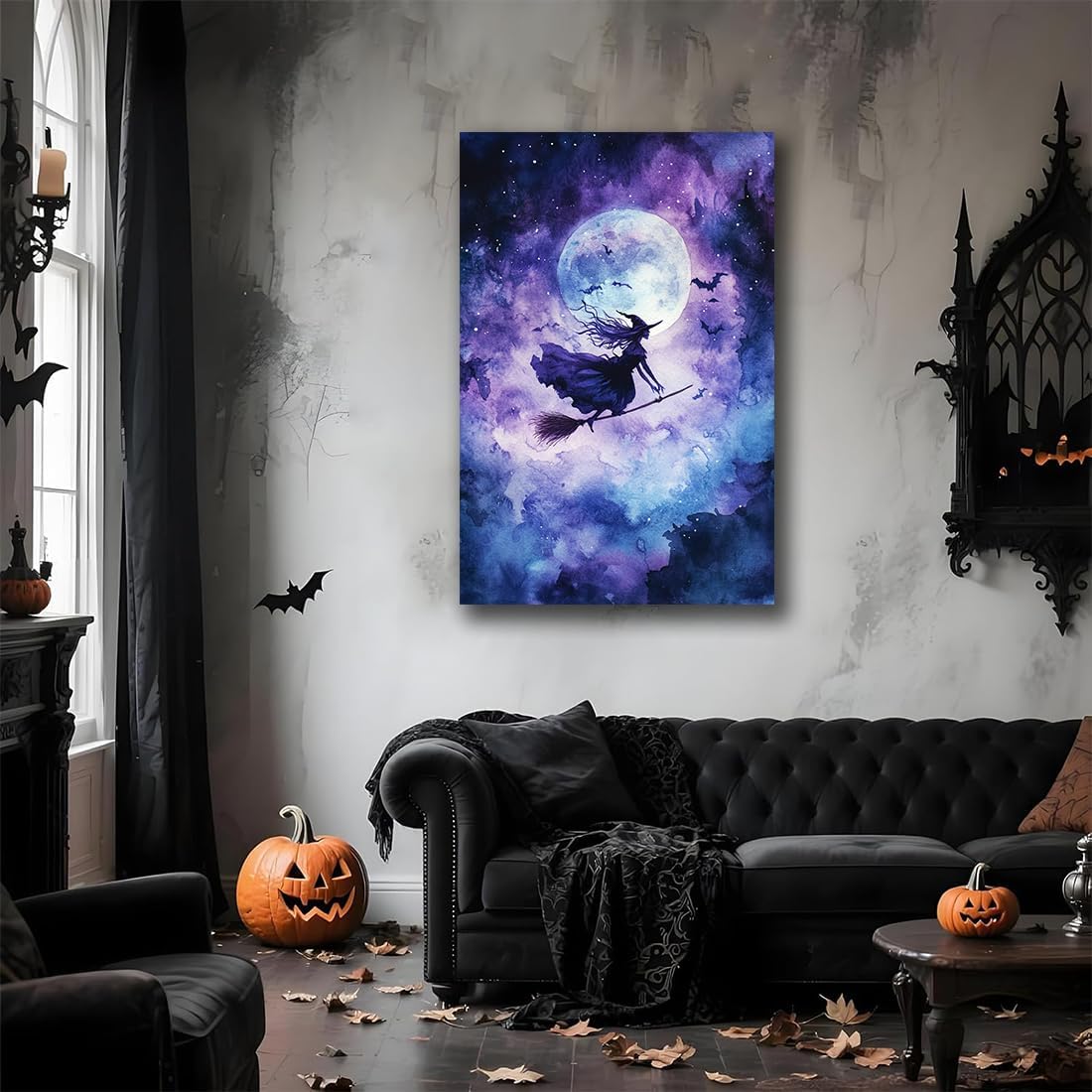Witch On Broom Flying Wall Art,Gothic Halloween Canvas Wall Art,Victorian Witch Silhouette In Moonlight Broomstick Poster Pictures,Creepy Halloween Purple Night Sky Print,24"x36" Framed