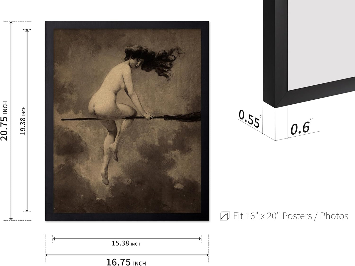 Poster Master Vintage Albert Joseph Penot Poster - Retro Halloween Print - Gift for Artist, Friend - Departure for the Sabbath, Naked Witch on Broom - Wall Decor for Bedroom, 16x20 Black Framed