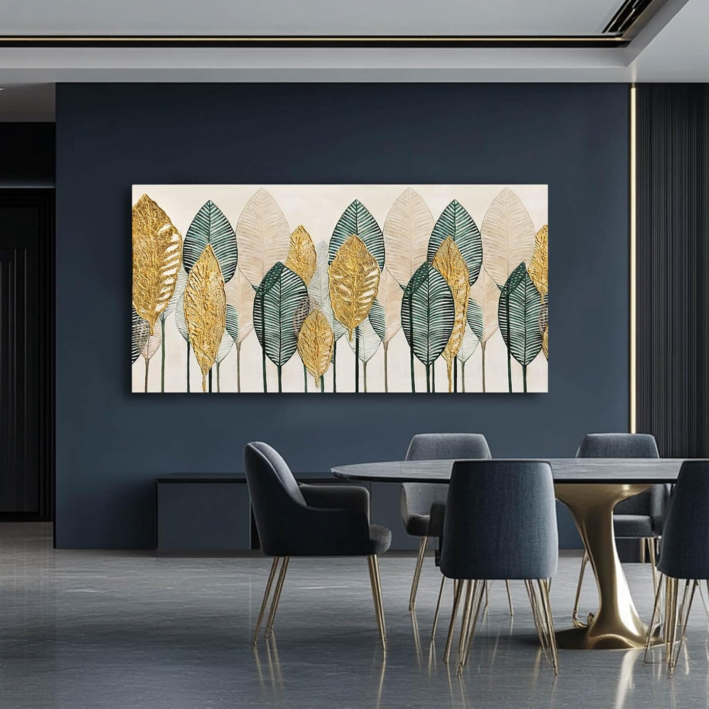 CHUDANHAO Green Canvas Artwork Gold Leaves Painting Beige Art Modern Wall Decor for Office Living Room Neutral Wall Art 29"x58" Print Photos