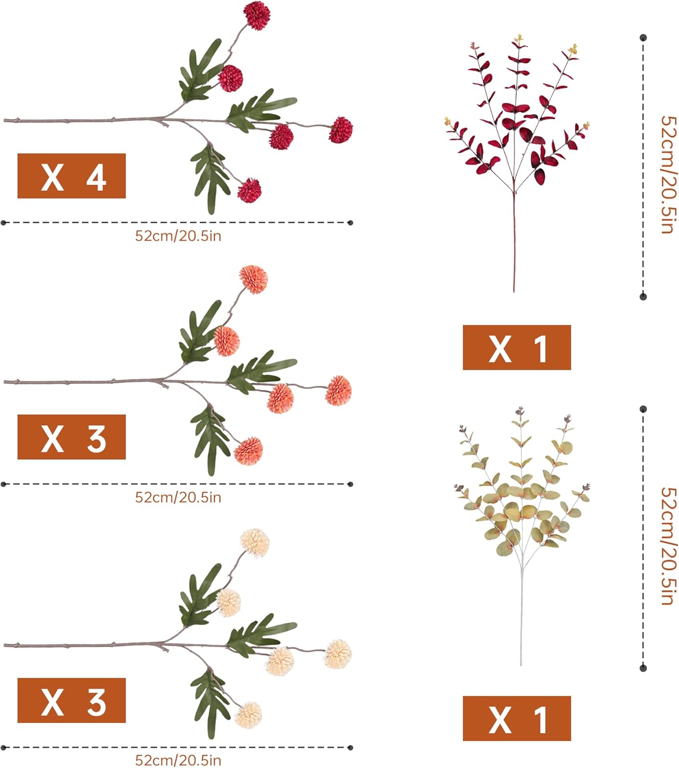 Faux Kiku Flowers Fall 10 Stems & 2 Eucalyptus, Fake Mums Pompon Flower Ball, Autumn Burnt Orange Artificial Chrysanthemums Flowers for Boho Decor, Mini Faux Kiku Flower Wedding Arrangements Decor