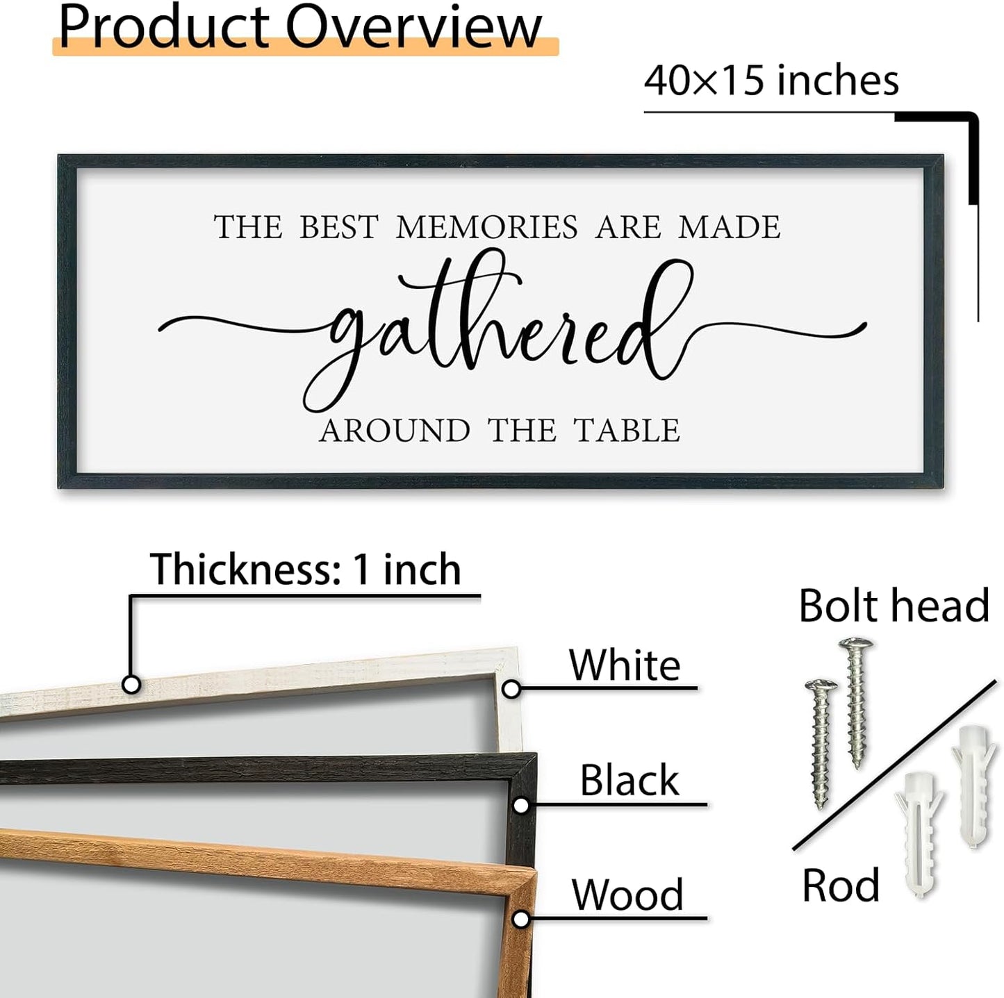 SRSZHIYUE The Best Memories Are Made Gathered Around The Table Sign Wall Decor Art 40"×15" for Kitchen Dining Room Large Wood Framed Wall Hanging (Black)