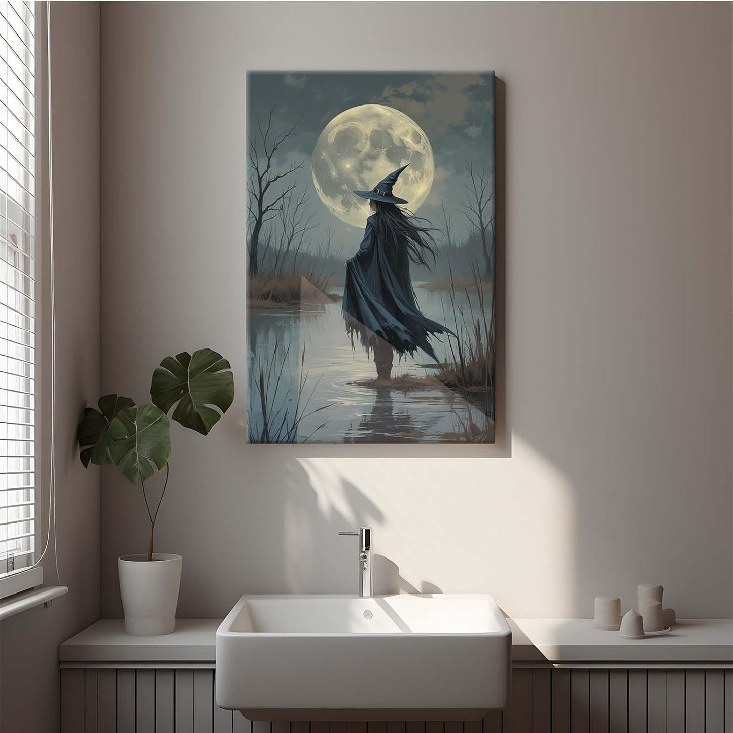 Witch in the moonlight magic canvas wall art enchanting Halloween home decor swamp witch silhouette oil painting mysterious gothic aesthetic wall decor print poster20x30in Wood Framed