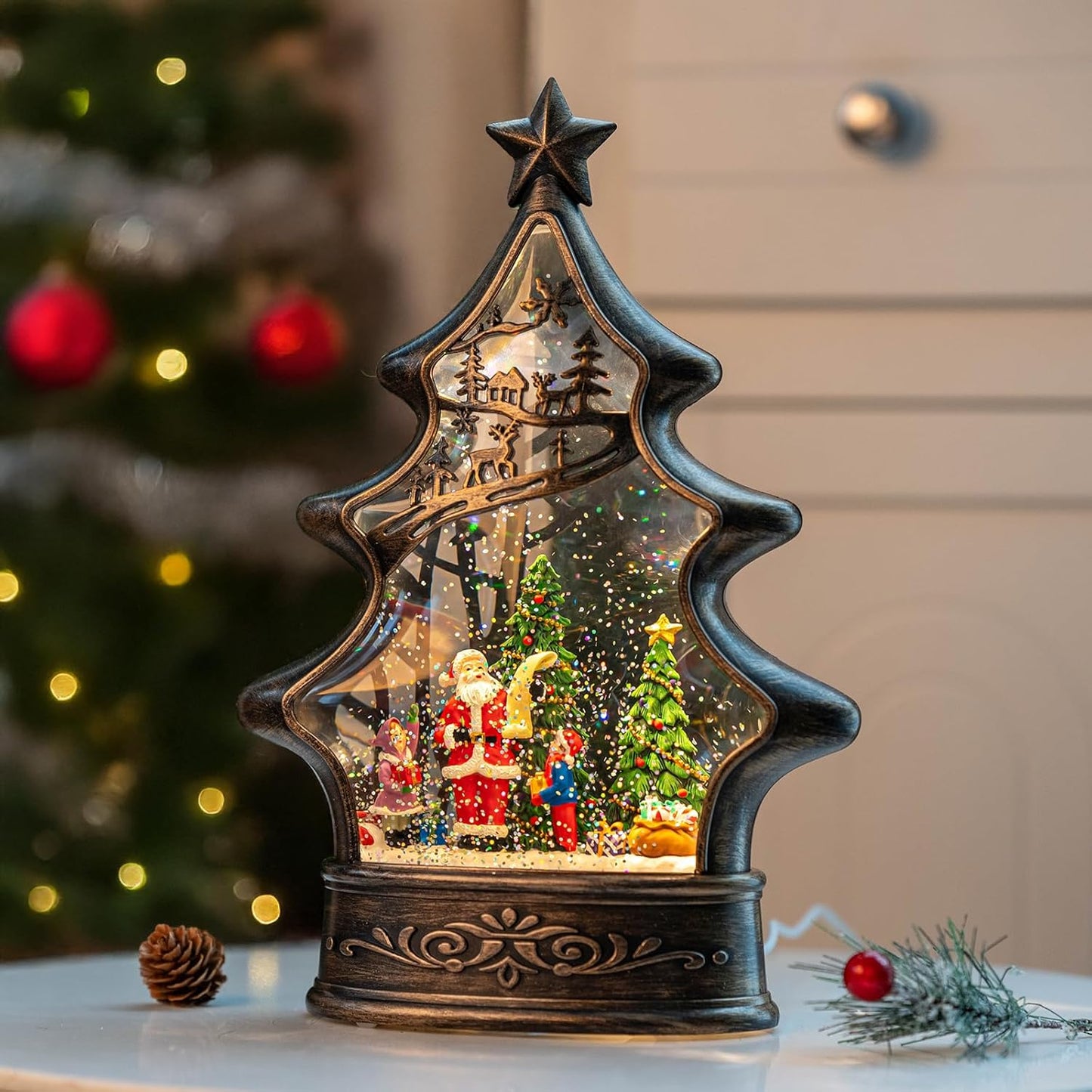 Musical Snow Globe Christmas Tree Lantern Lighted Santa's List Christmas Snow Water Lantern Swirling Glittering Home Decoration and Gift, Battery Operated or USB Powered